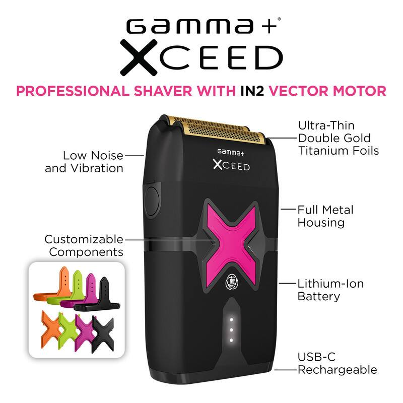 Gamma+ XCEED Professional Shaver with IN2 Vector Motor

- Low Noise and Vibration
- Customizable Components
- Ultra-Thin Double Gold Titanium Foils
- Full Metal Housing
- Lithium-Ion Battery
- USB-C Rechargeable