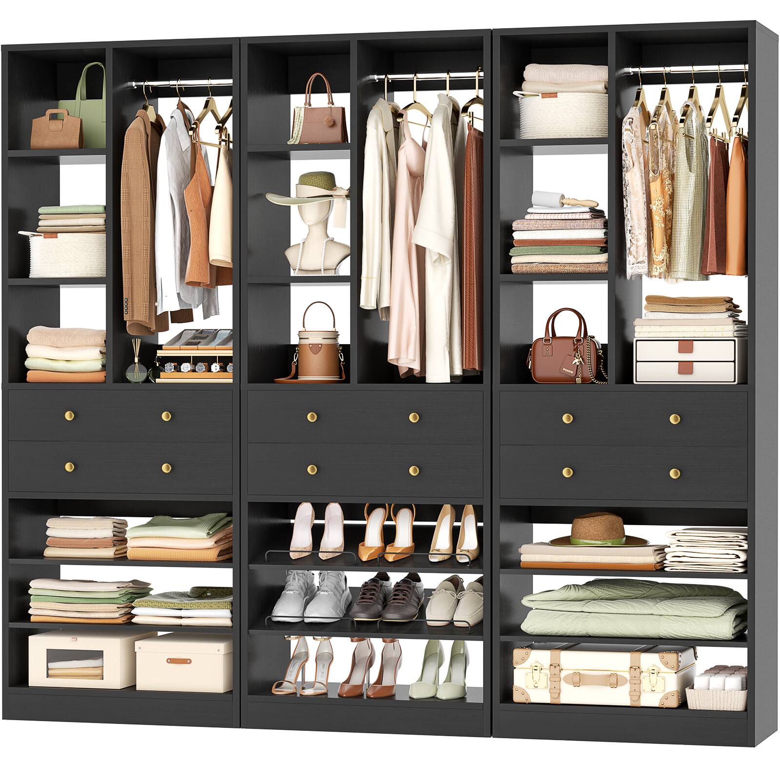 Angle. Aheaplus - 84" Free-Standing Closet Organizer with Drawers & Shelves, 1800LBS Load, 3-Pack Tower System - Black.