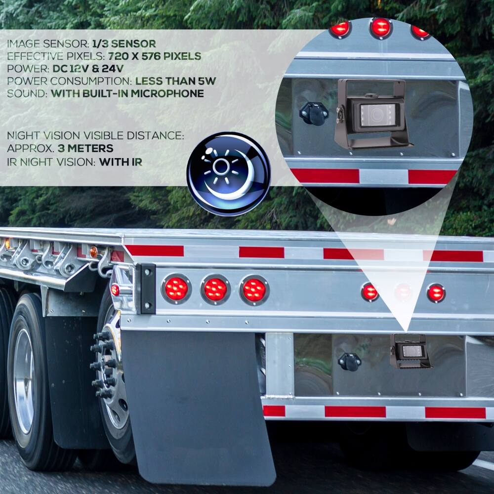 IMAGE SENSOR: 1/3 SENSOR  
EFFECTIVE PIXELS: 720 x 576 PIXELS  
POWER: DC 12V & 24V  
POWER CONSUMPTION: LESS THAN 5W  
SOUND: WITH BUILT-IN MICROPHONE  

NIGHT VISION VISIBLE DISTANCE: APPROX. 3 METERS  
IR NIGHT VISION: WITH IR