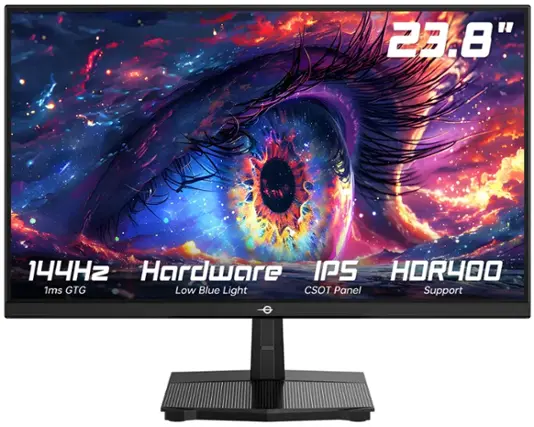 The text on the image reads: "23.8" 144H2 Hardware IPS HORIZOO 1ms GTG Low Blue Light CSOT Panel Support."