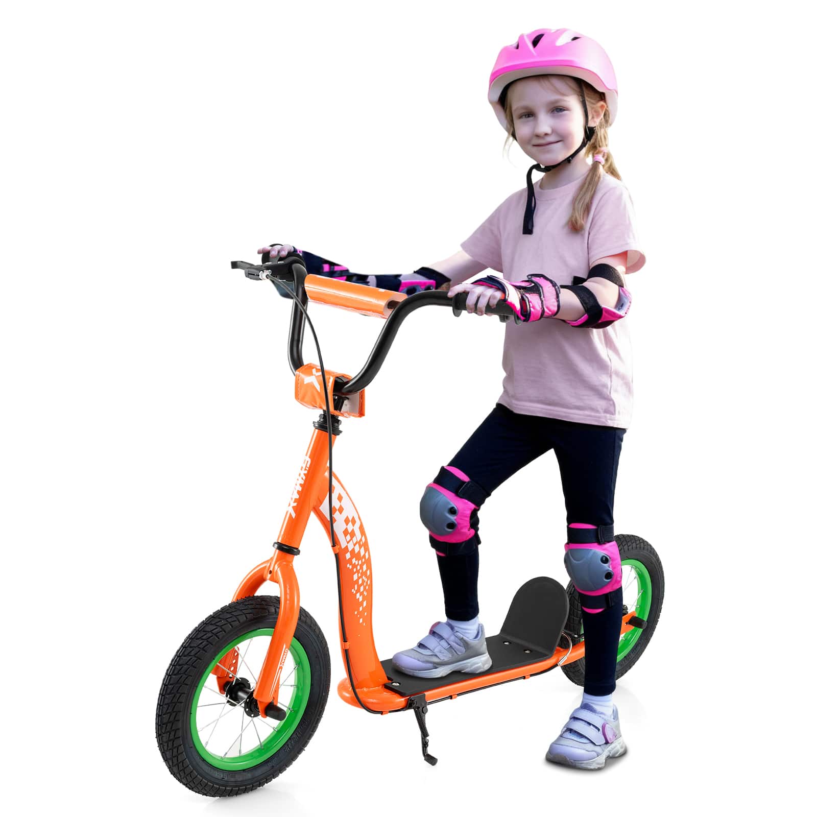 Gymax - Kids Scooter w/ Adjustable Height Handlebar 12-Inch Inflatable Wheels Handbrake - Orange