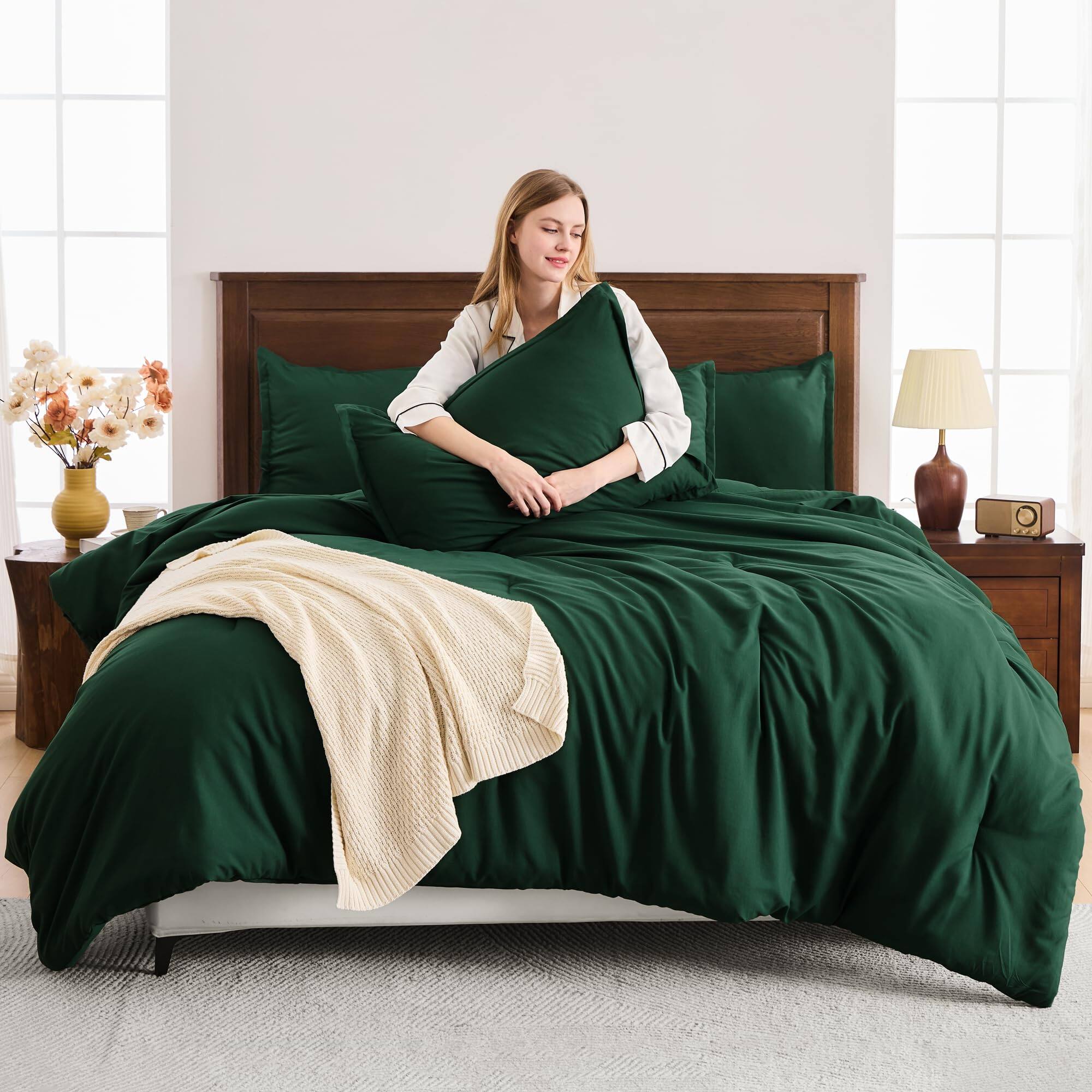 Left. Comfort Essence - Dark Comforter Set 3 Pieces Forest Hunter Boho Solid Bedding Sets Soft Cozy Lightweight Down Alternative All - Dark Green-Super King Plus(128"x120").