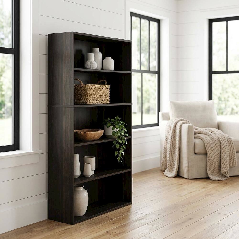 Angle. FurniFact - Espresso 5-Tier Open Shelf Bookcase with Sturdy Wood Construction - Espresso.