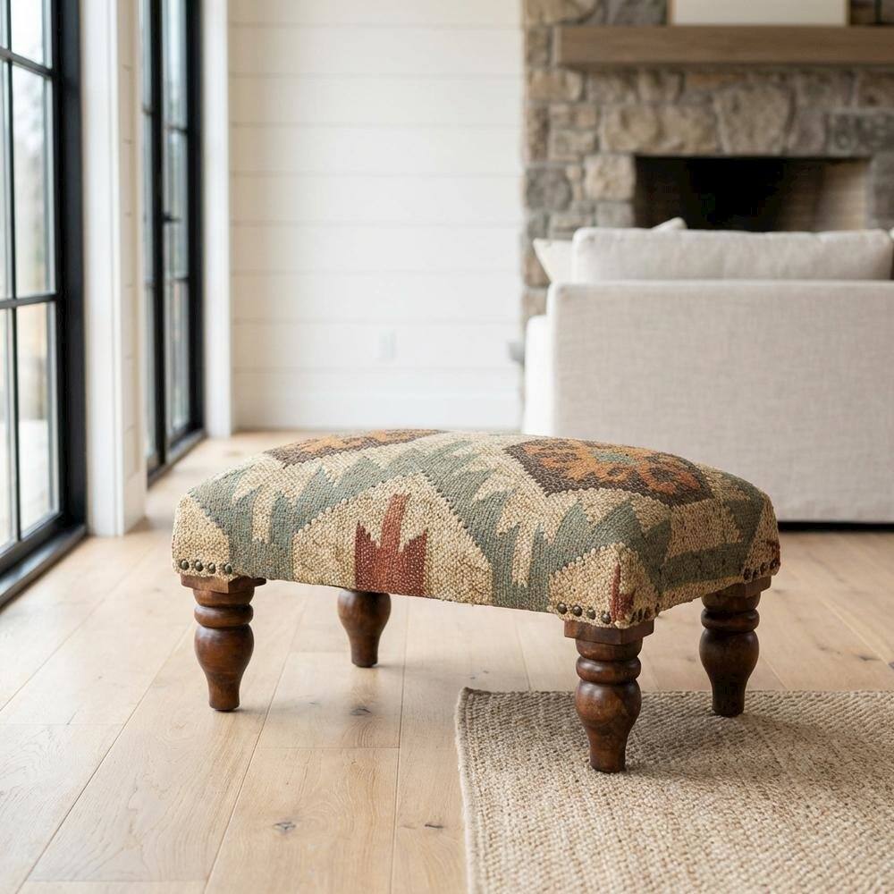 Alt View 4. Starlight Canyon Home - Rustic Jute Wrapped Accent Stool, Distressed Wood Footstool for Bedroom - Multi-Color.