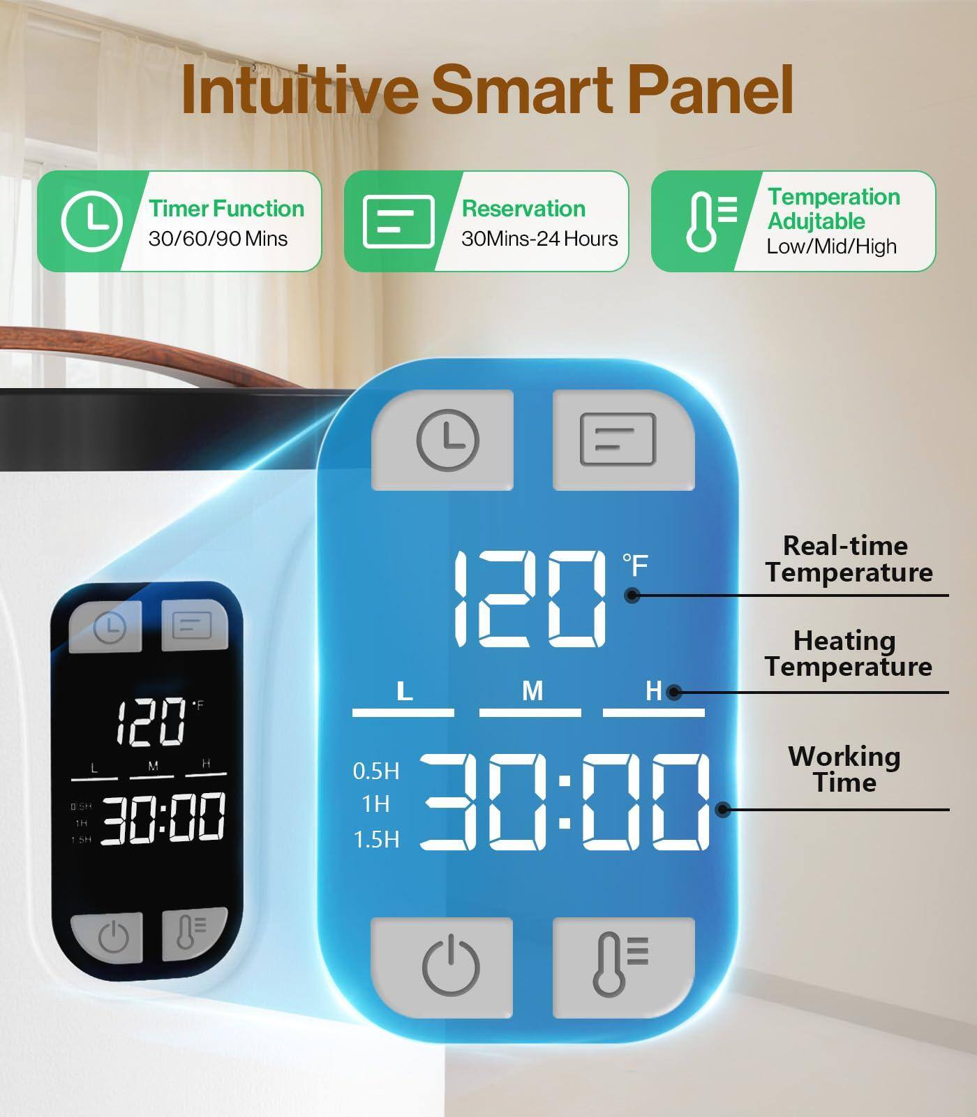 Intuitive Smart Panel

- Timer Function: 30/60/90 Mins
- Reservation: 30 Mins-24 Hours
- Temperature Adjustable: Low/Mid/High

Real-time Temperature: 120°F

Heating Temperature: L M H

Working Time: 0.5H 1H 1.5H

30:00
