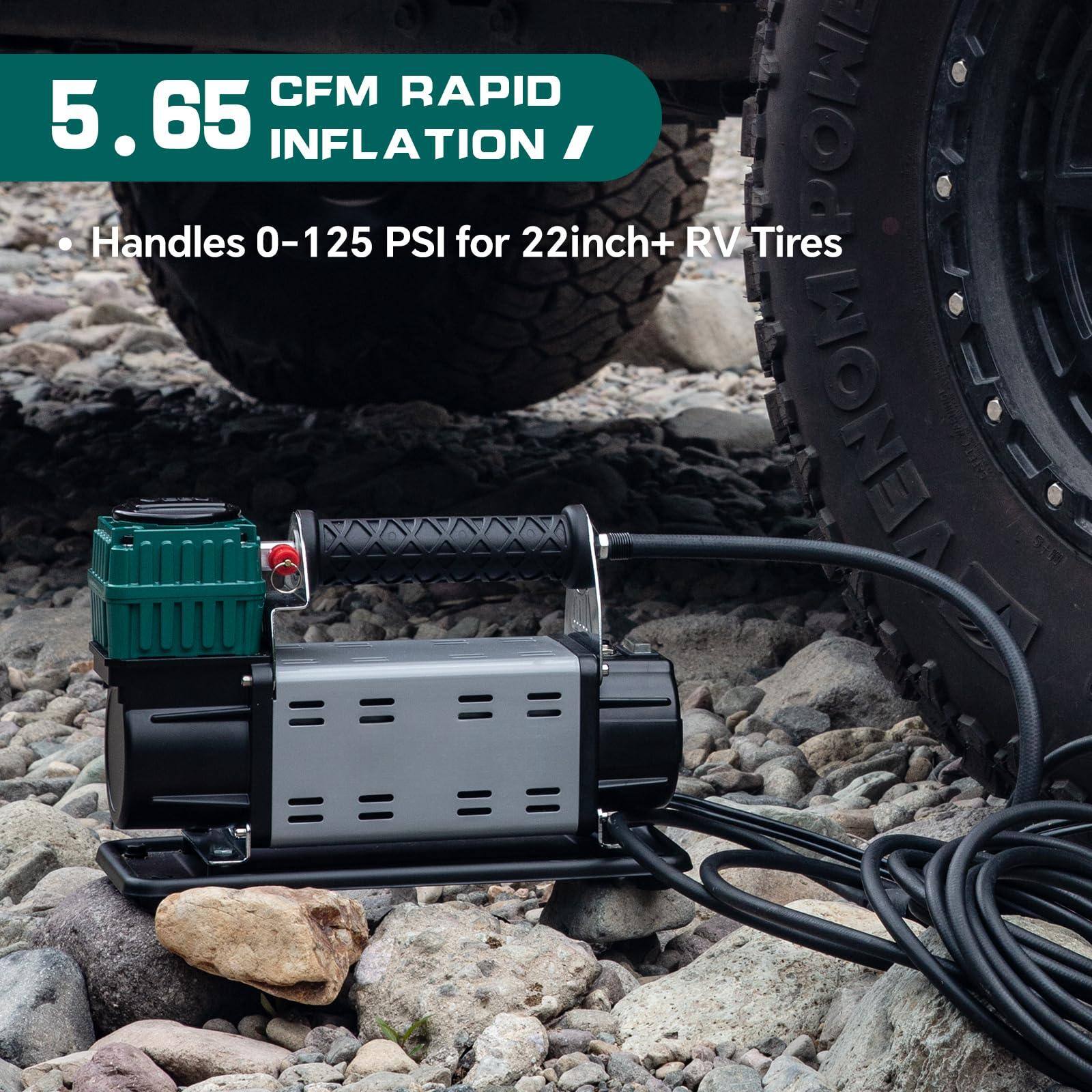 5.65 CFM RAPID INFLATION  
Handles 0-125 PSI for 22inch+ RV Tires