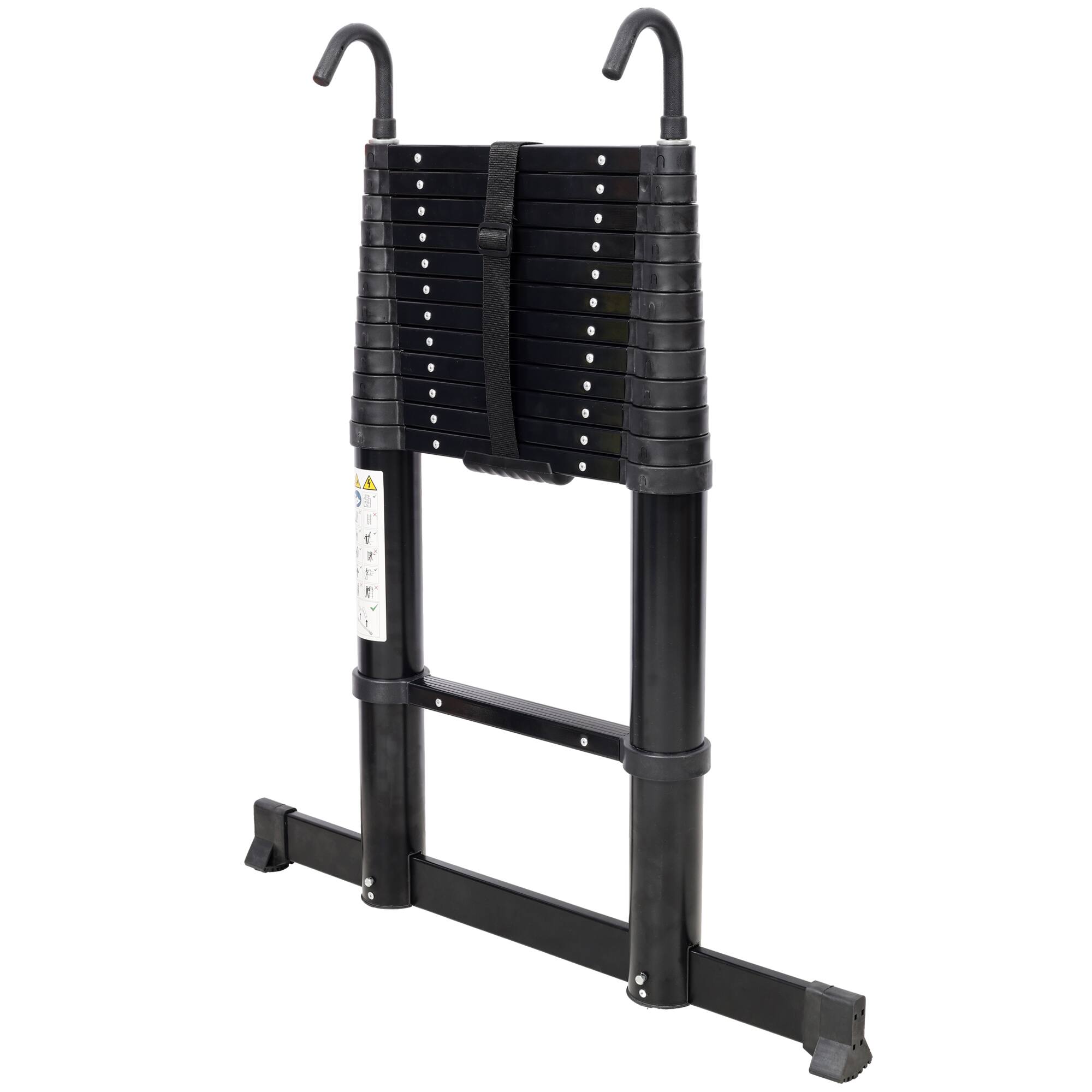 Left. ELEMENT ACE - 12.5FT Heavy-Duty Telescopic Extension Ladder with Non-Slip Feet and Safety Locking Mechanism - Black.