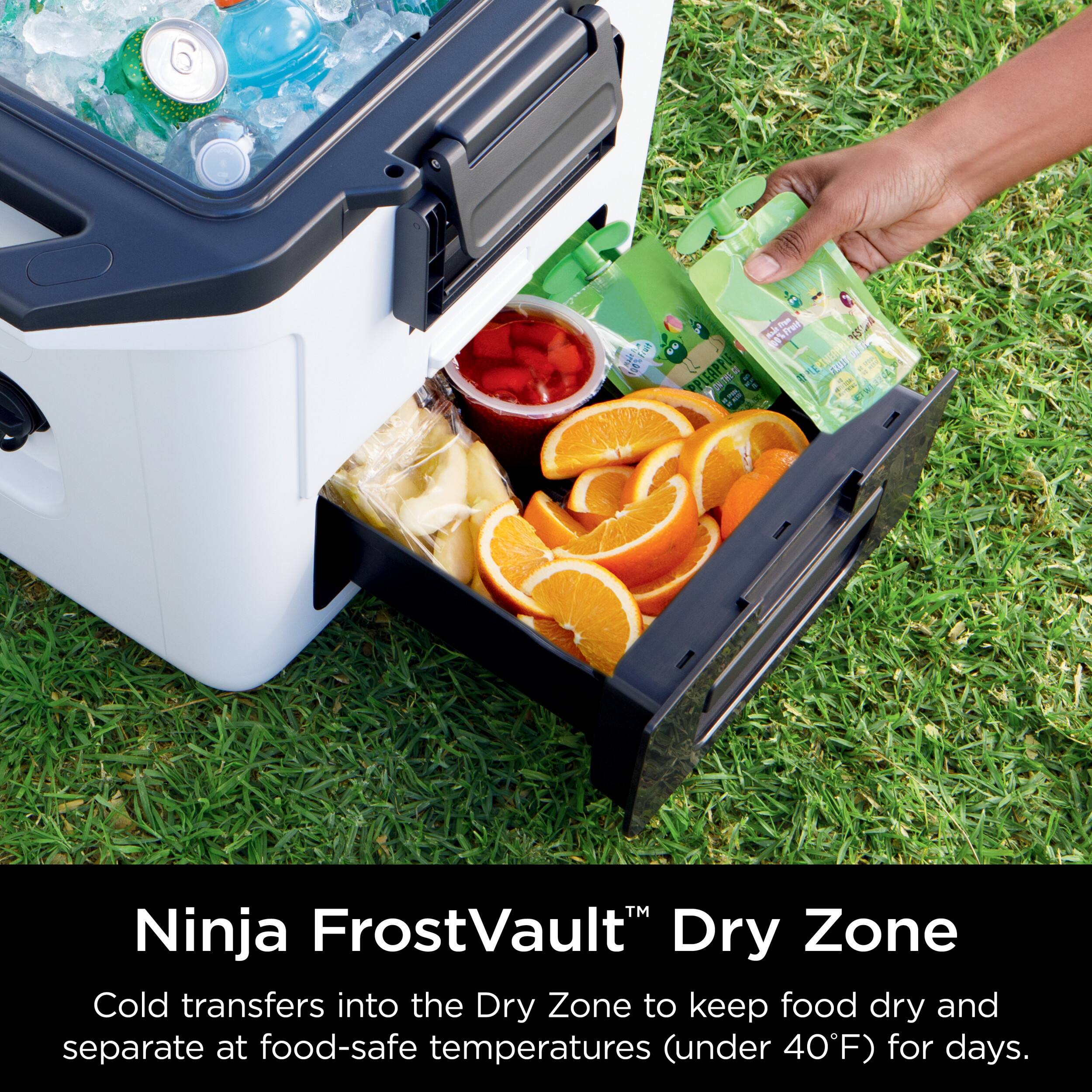 Ninja FrostVault Dry Zone Cold transfers into the Dry Zone to keep food dry and separate at food-safe temperatures (under 40F) for days.