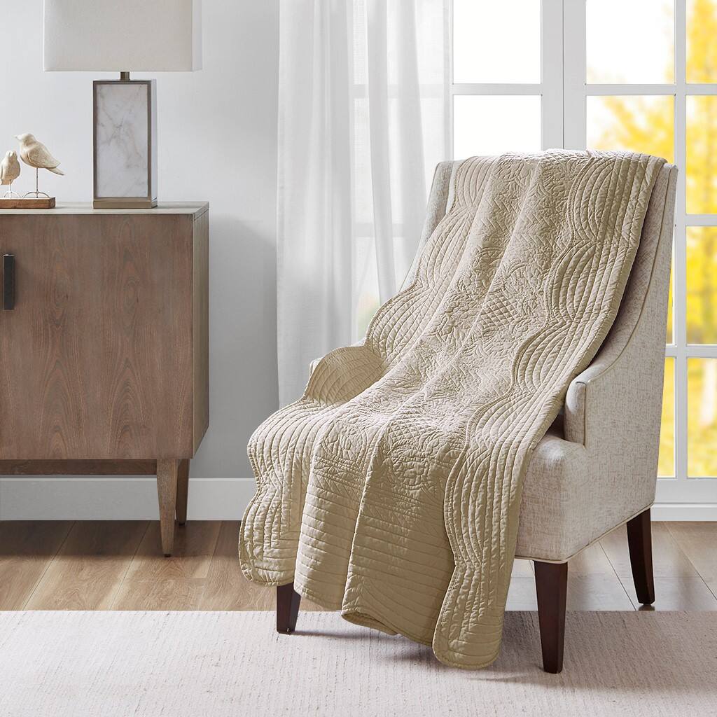 Alt View 1. Gracie Mills - Gracie Mills Salvatore Oversized Stitched Scalloped Edges Throw Blanket - Khaki.