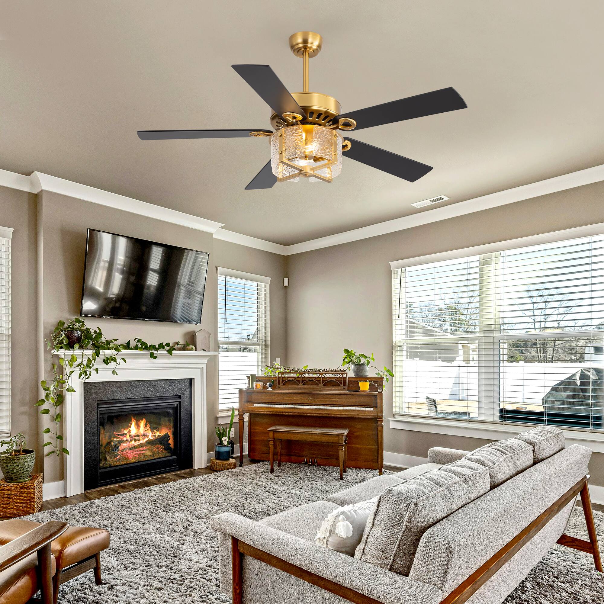 Back. Breezary - 52-Inch Large Ceiling Fan with Light Fixture, 5 Dual-Finish Plywood Blades, DC Motor, Remote Control, 5/10-Inch Downrods - Electroplated Gold with Black and Rich Walnut.
