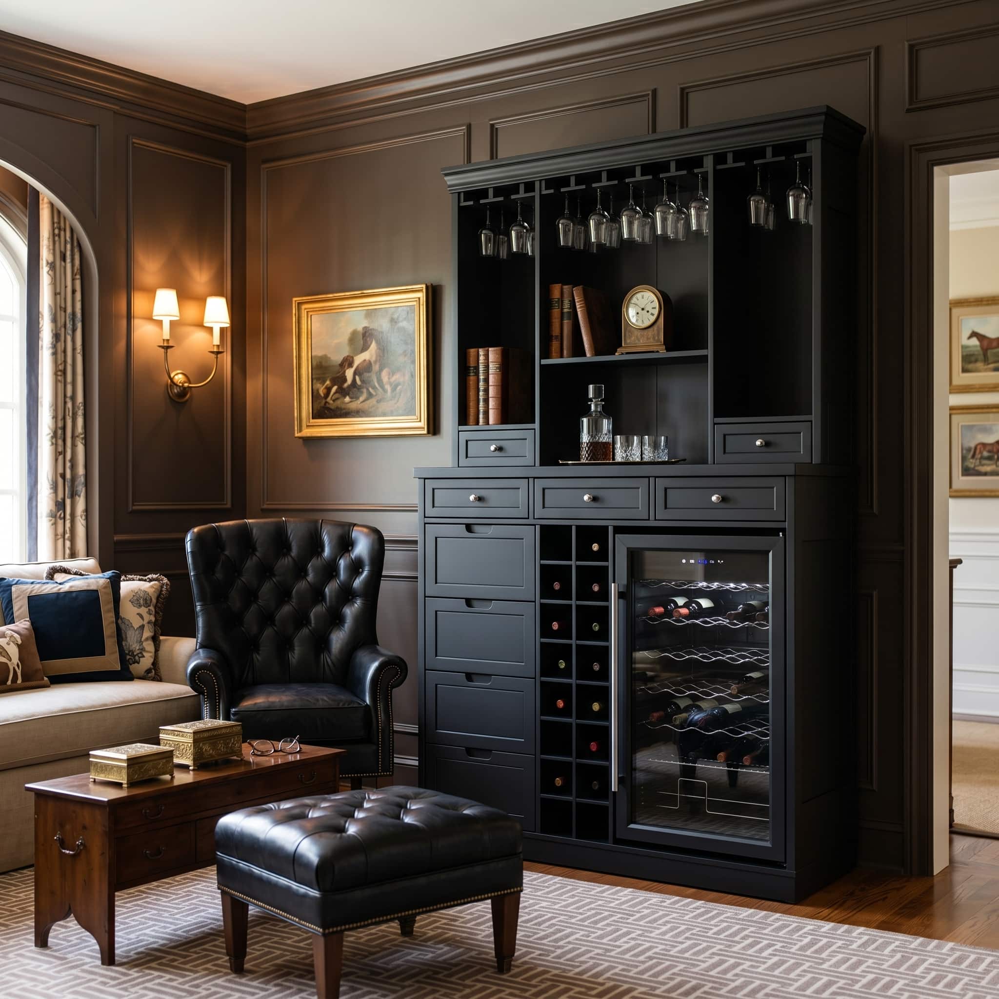 Famapy - 78" Tall American Style Wine Cabinet with Storage – Fits Wine Fridge, Glass Rack, 16 Bottle Cubby, Drawers - Black