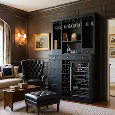 Front. Famapy - 78" Tall American Style Wine Cabinet with Storage – Fits Wine Fridge, Glass Rack, 16 Bottle Cubby, Drawers - Black.