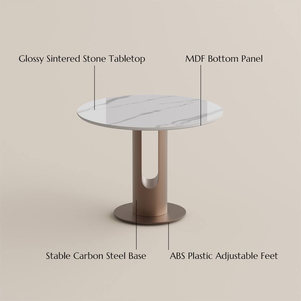 Glossy Sintered Stone Tabletop  
MDF Bottom Panel  
Stable Carbon Steel Base  
ABS Plastic Adjustable Feet