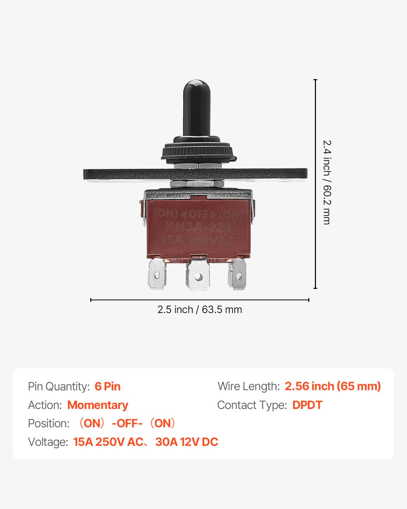 (ON) 4OFF: (ON) KN3A-223 15A 250VA0  
2.4 inch / 60.2 mm  
2.5 inch / 63.5 mm  

Pin Quantity: 6  
Pin Wire Length: 2.56 inch (65 mm)  
Action: Momentary  
Contact Type: DPDT  
Position: (ON) -OFF- (ON)  
Voltage: 15A 250V AC, 30A 12V DC