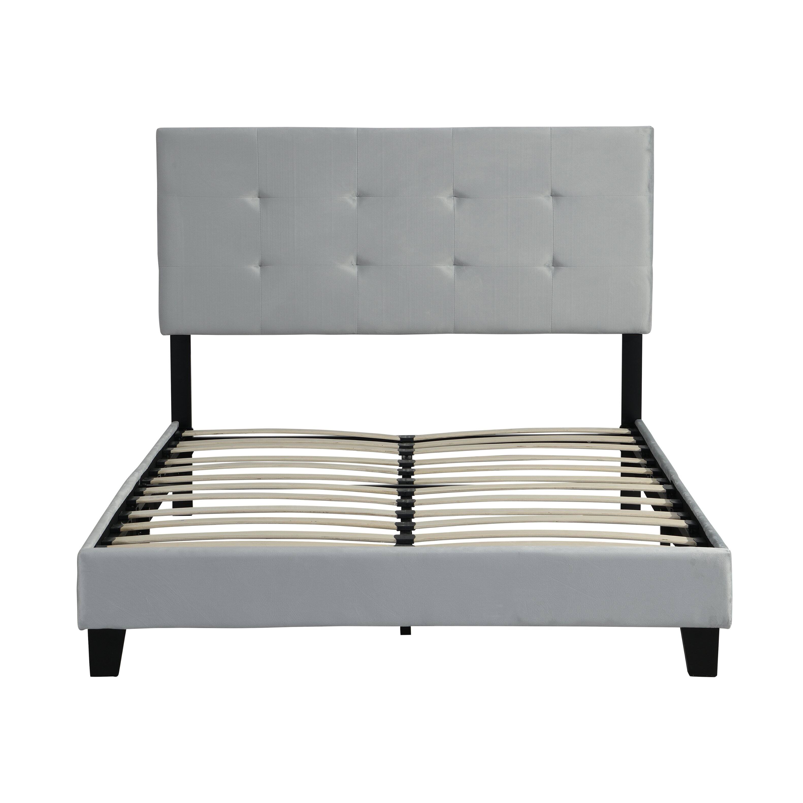 Angle. LUCKY ONE - Queen Size Upholstered Platform Bed Frame with Tufted Headboard - Gray.