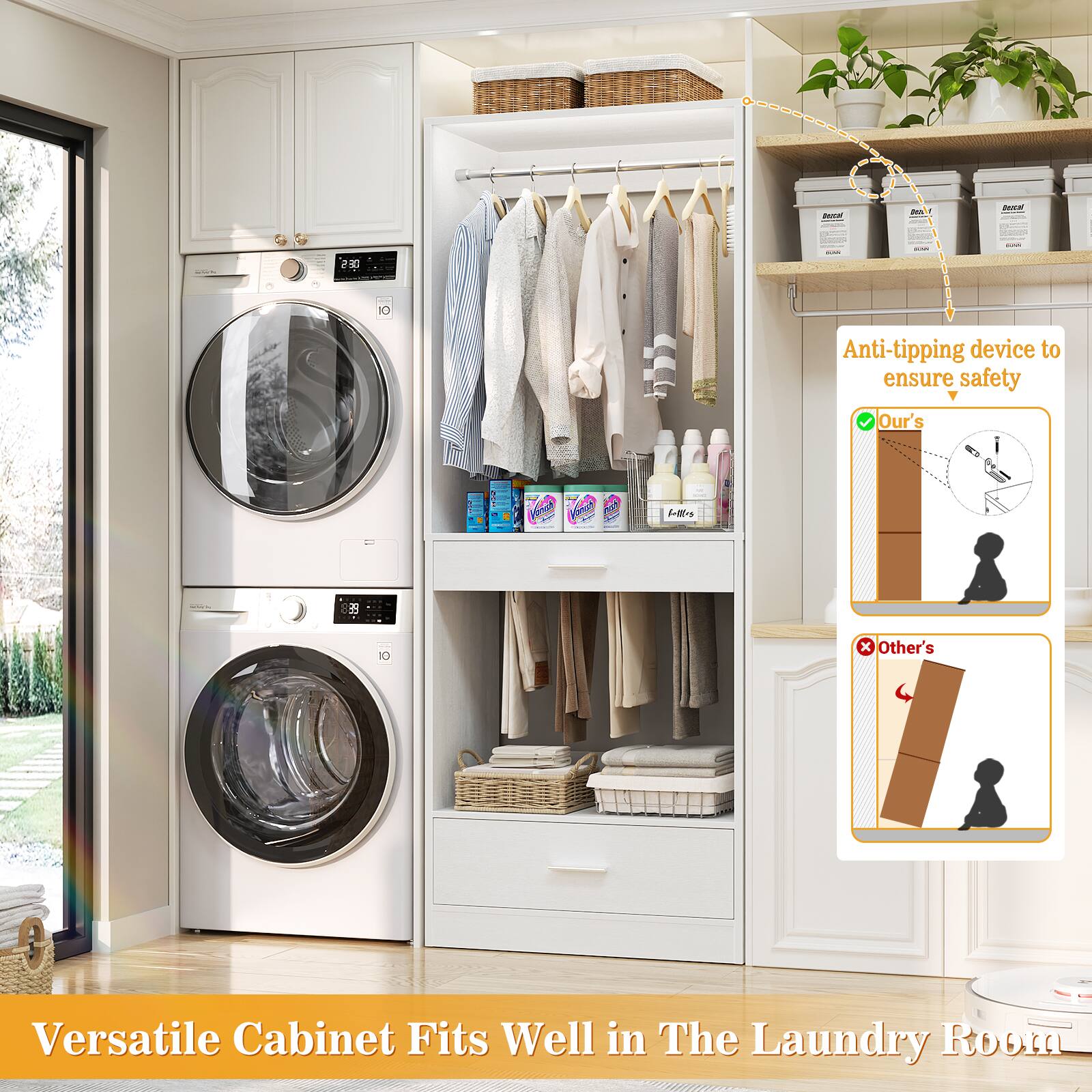 Anti-tipping device to ensure safety  
Our's  
Other's  

Versatile Cabinet Fits Well in The Laundry Room