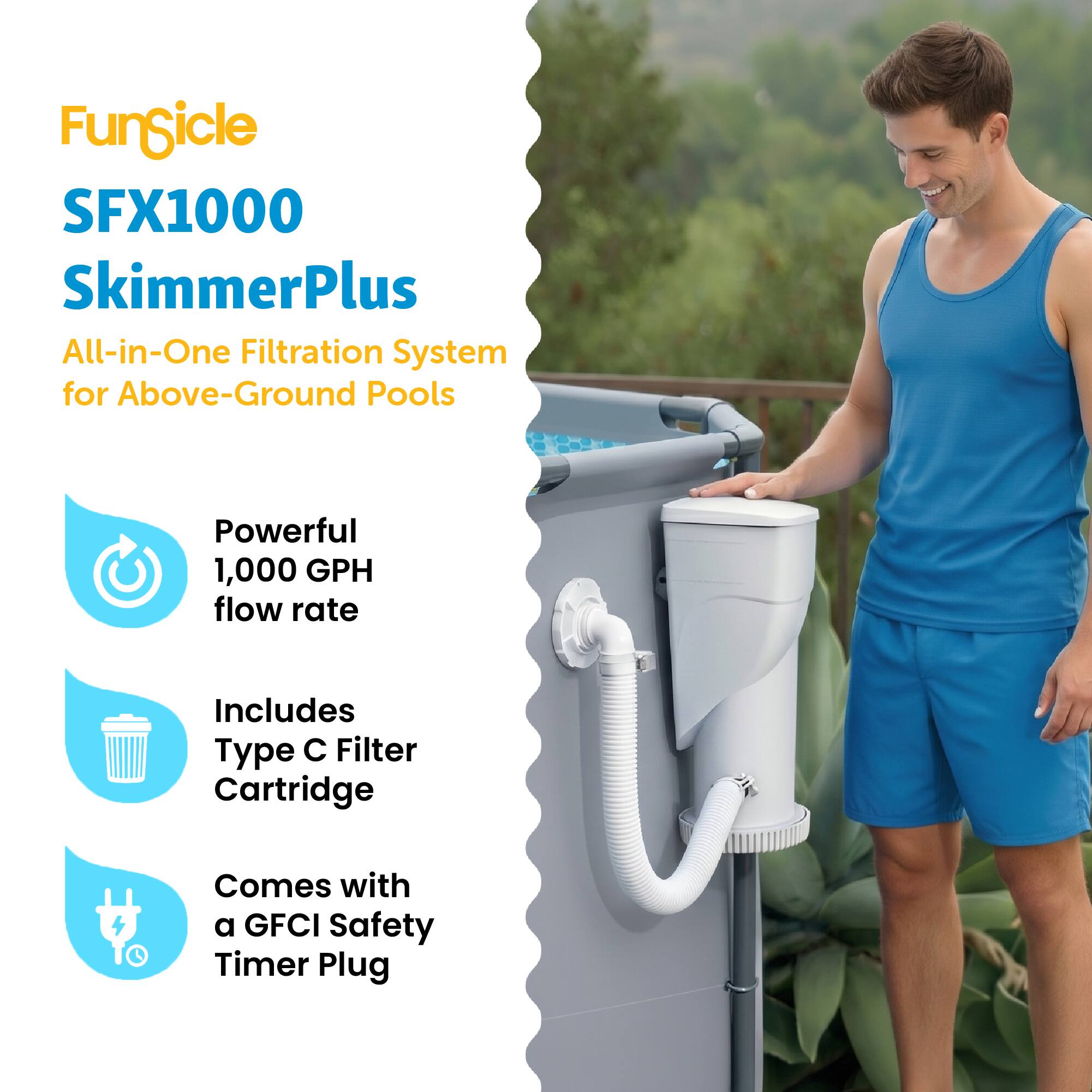 FunSicle SFX1000 SkimmerPlus All-in-One Filtration System for Above-Ground Pools Powerful 1,000 GPH flow rate Includes Type C Filter Cartridge Comes with a GFCI Safety Timer Plug