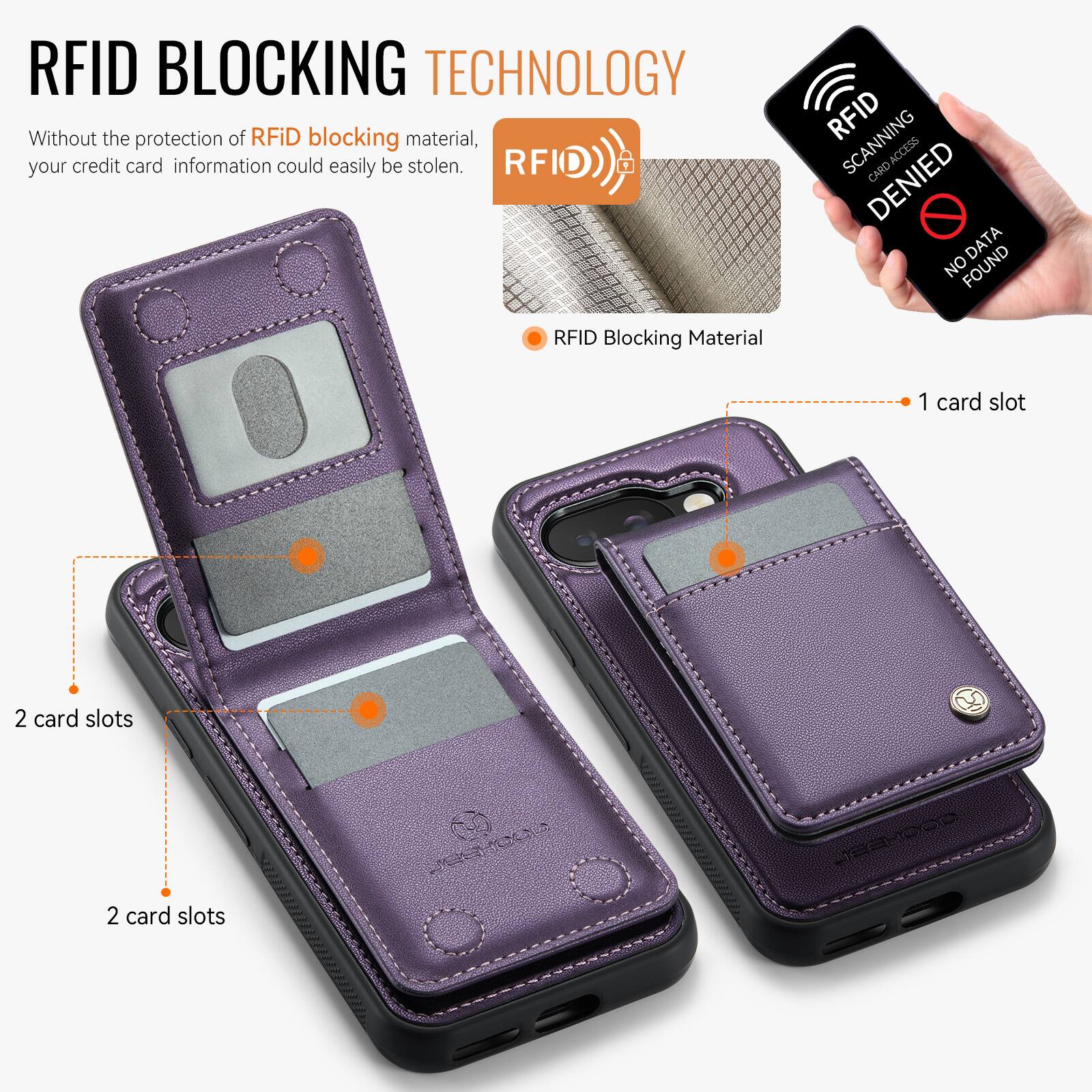 RFID BLOCKING TECHNOLOGY

Without the protection of RFID blocking material, your credit card information could easily be stolen.

RFID Blocking Material

1 card slot

2 card slots

2 card slots