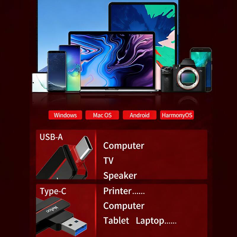 - Windows
- Mac OS
- Android
- HarmonyOS

- USB-A
  - Computer
  - TV
  - Speaker

- Type-C
  - Printer
  - Computer
  - Tablet
  - Laptop