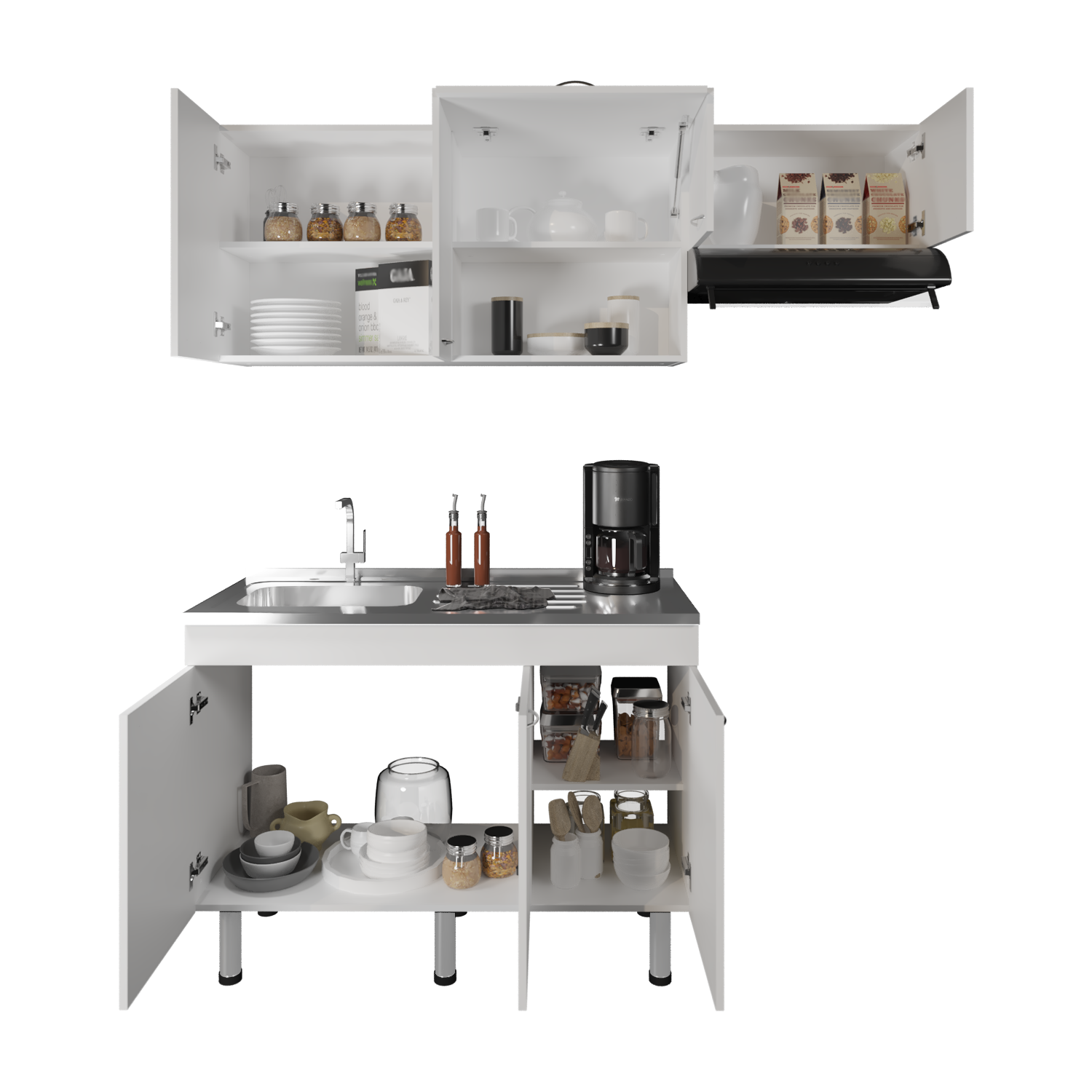 Alt View 4. TinyHomie - Oceana 2-Piece Kitchen Cabinet Set Stainless Steel Sink 8 Shelves 3-Door Base Cabinet 5-Door Wall Cabinet - White.