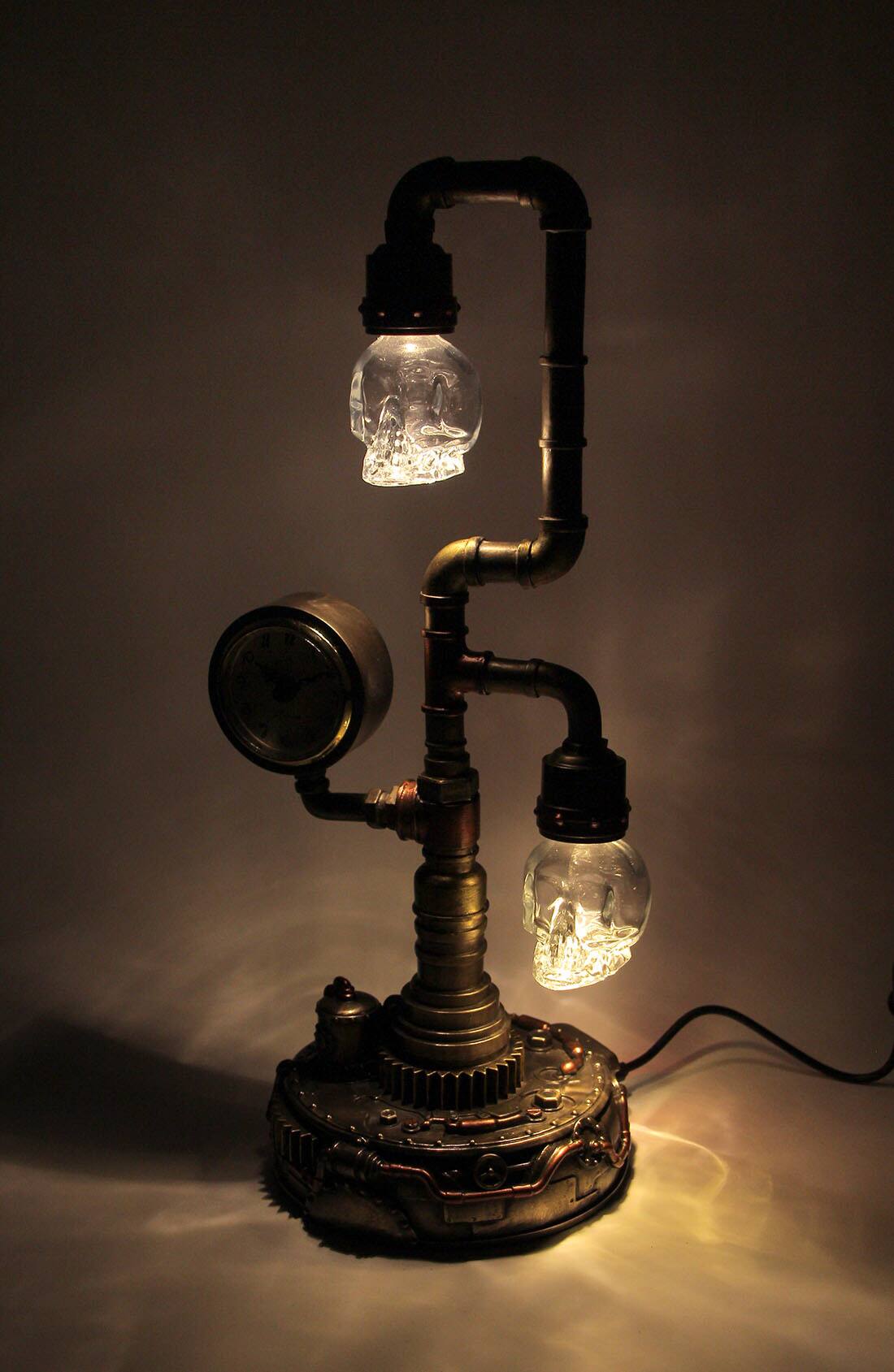 Alt View 2. Veronese Design - Steampunk Pipework Clock Stand USB Powered LED Skull Bulb Copper Accent Desk Light - Bronze.