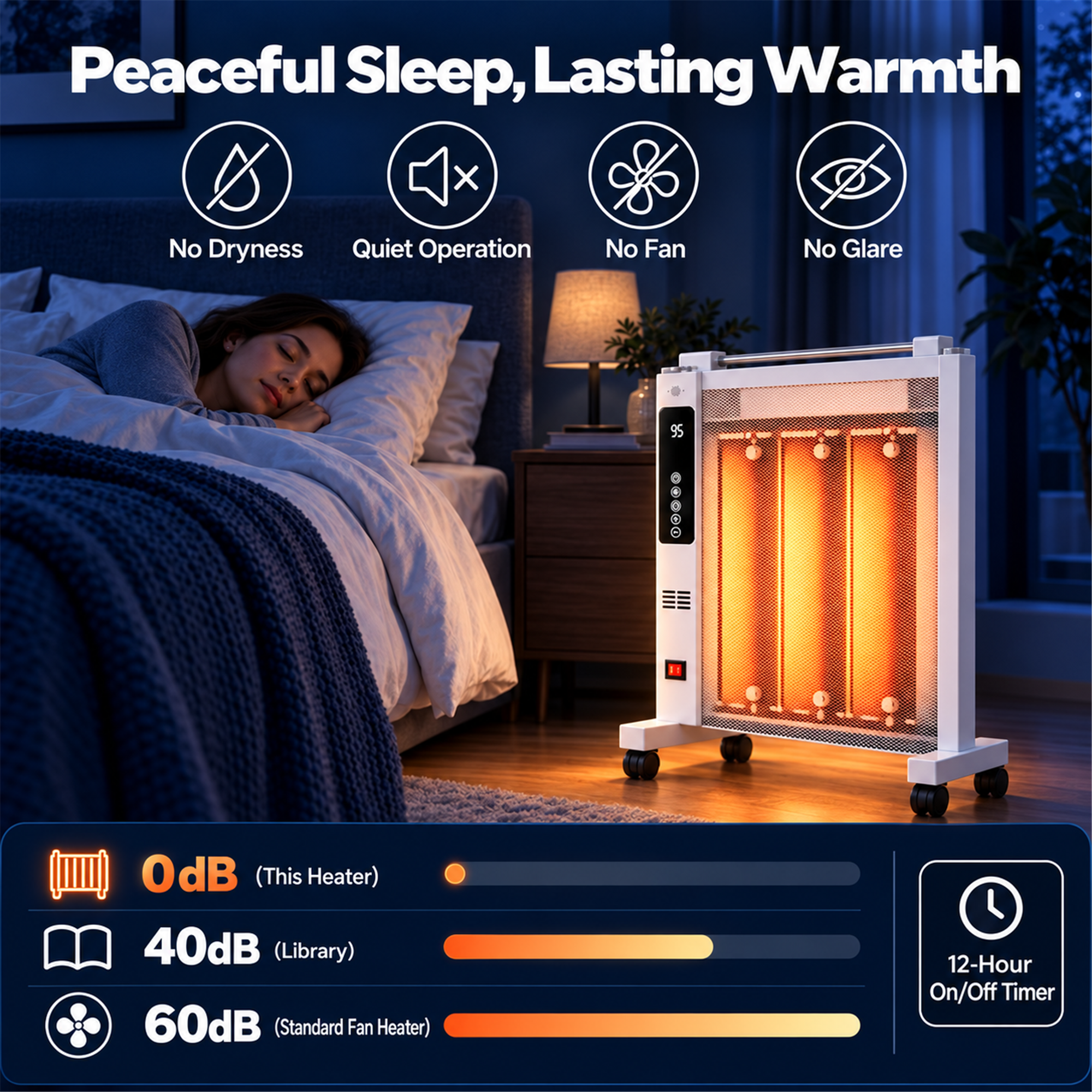 Peaceful Sleep, Lasting Warmth  
No Dryness  
Quiet Operation  
No Fan  
No Glare  

95  
OdB (This Heater)  
40dB (Library)  
60dB (Standard Fan Heater)  

12-Hour On/Off Timer