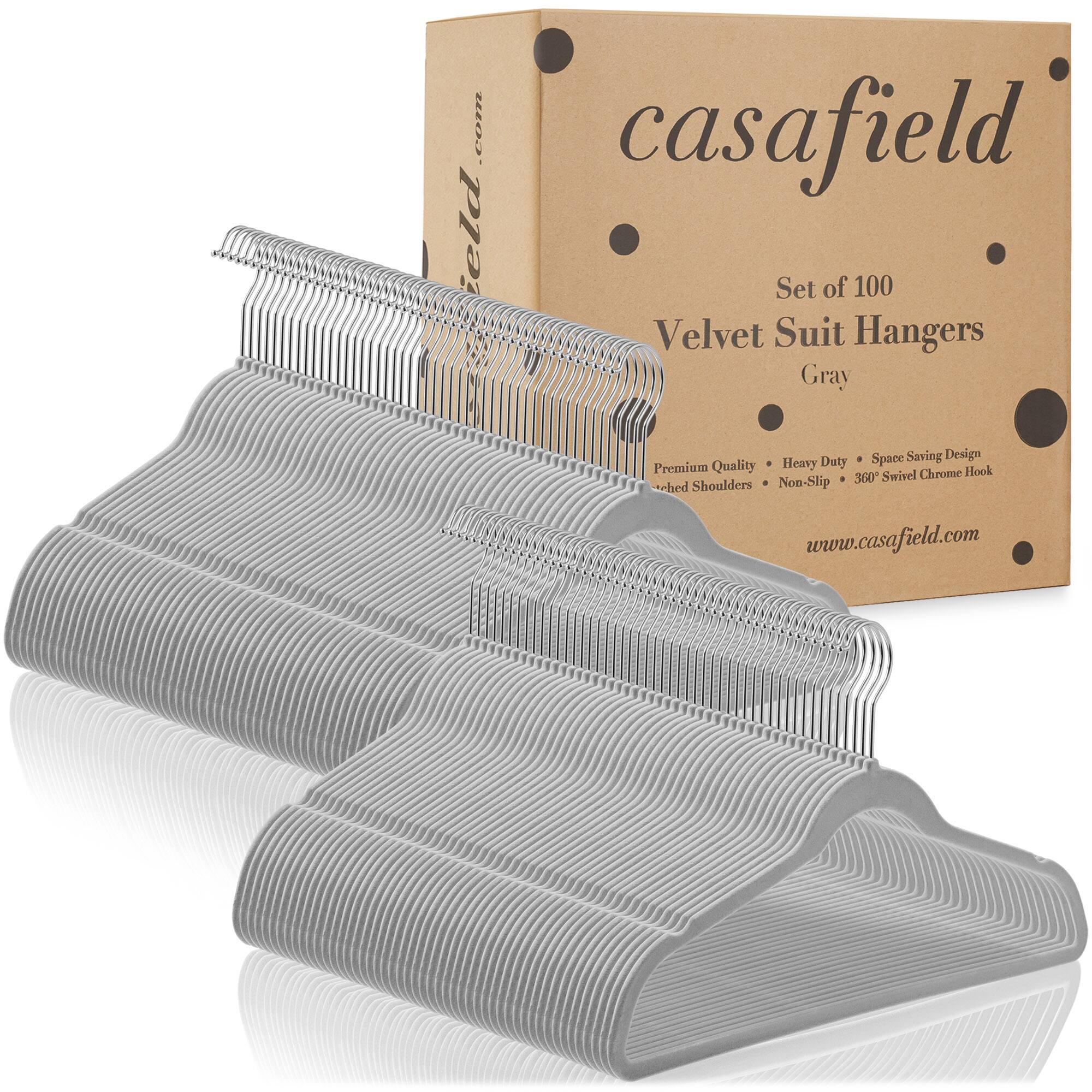 Set of 100 Velvet Suit Hangers Gray  
Premium Quality • Heavy Duty • Space Saving Design  
Stitched Shoulders • Non-Slip • 360° Swivel Chrome Hook  
www.casafield.com