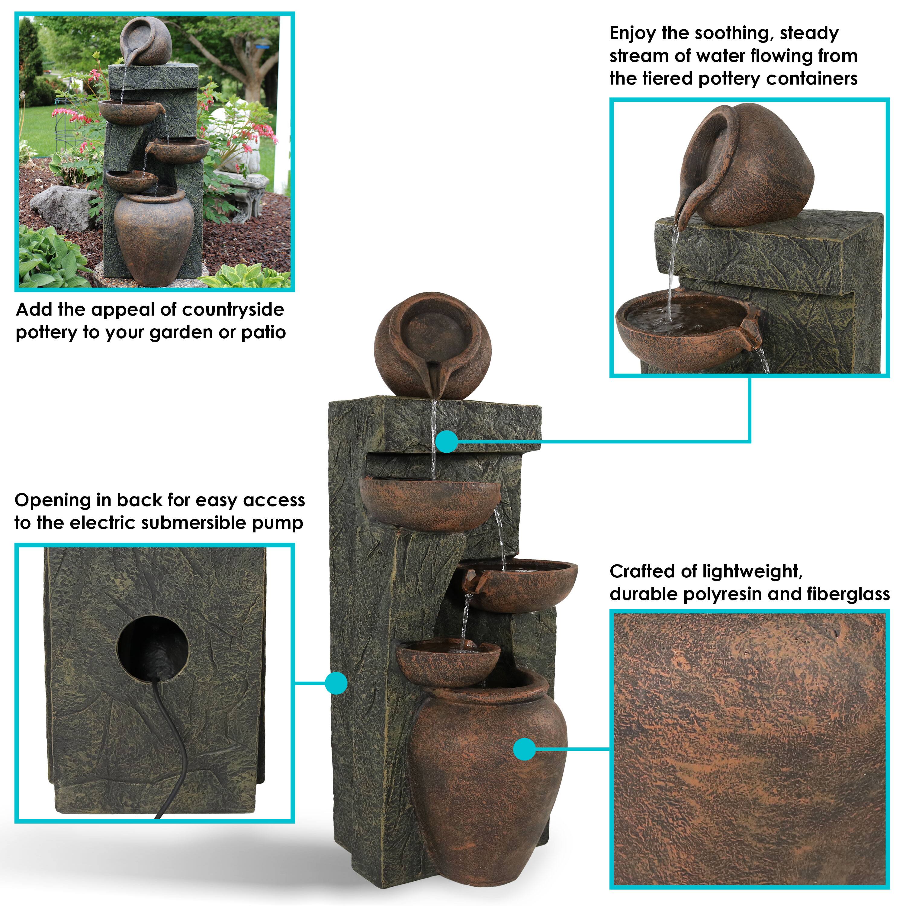 - Enjoy the soothing, steady stream of water flowing from the tiered pottery containers.
- Add the appeal of countryside pottery to your garden or patio.
- Opening in back for easy access to the electric submersible pump.
- Crafted of lightweight, durable polyresin and fiberglass.