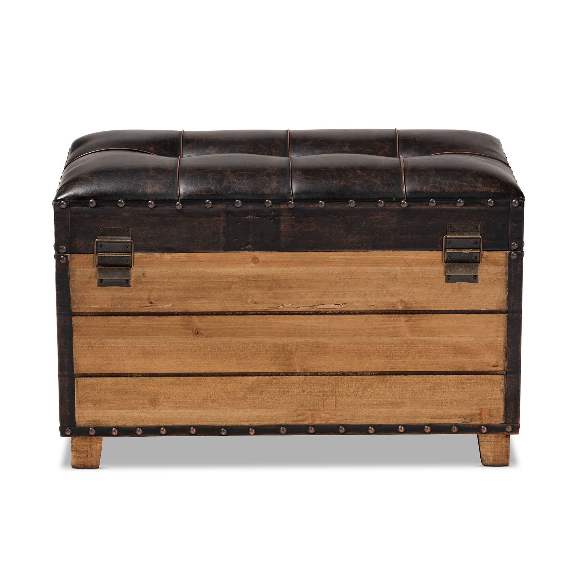Alt View 2. Baxton Studio - Marelli Rustic Faux Leather Upholstered 2-Piece Wood Storage Trunk Ottoman Set - Dark Brown/Golden Oak.