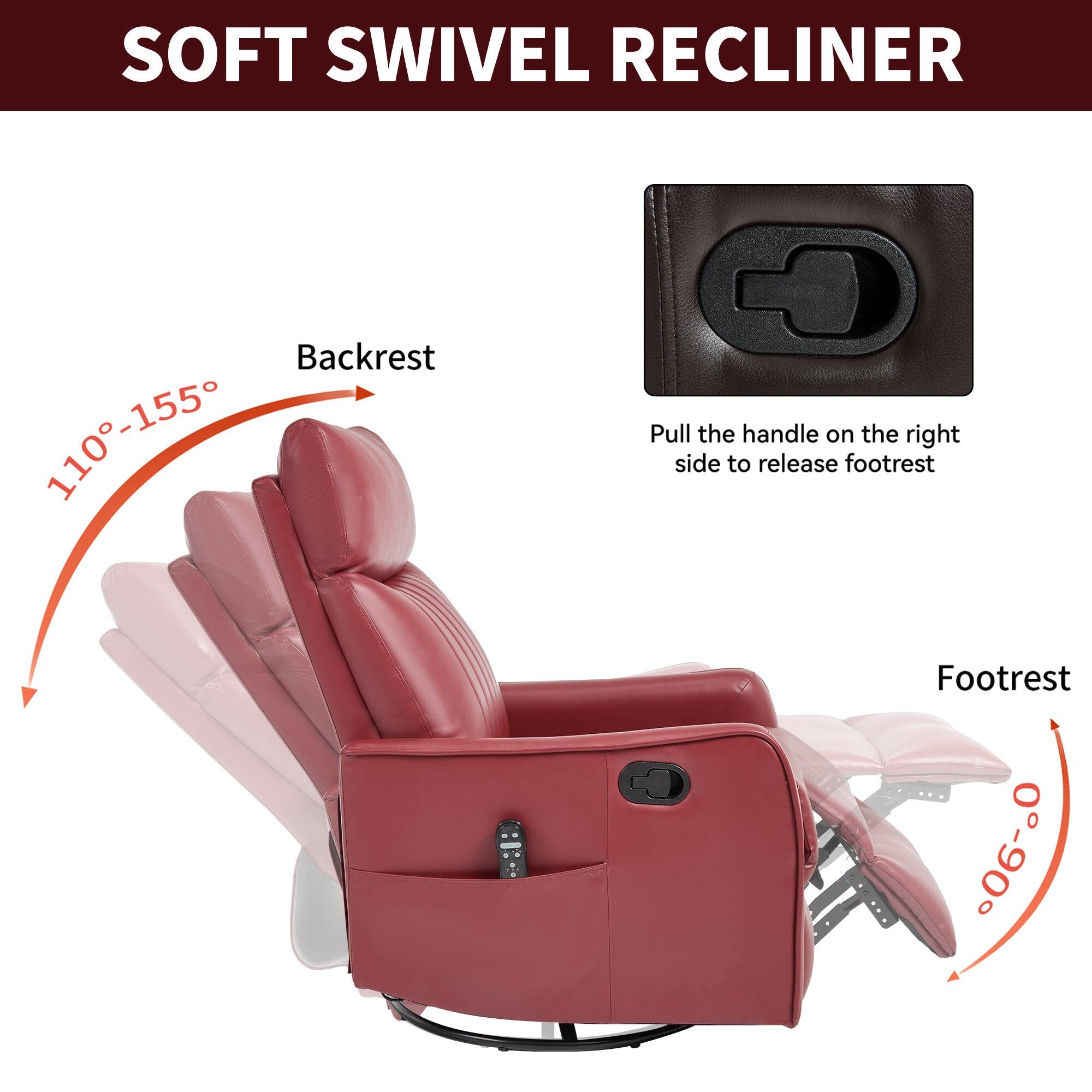 SOFT SWIVEL RECLINER

Backrest  
110°-155°

Footrest  
0°-90°

Pull the handle on the right side to release footrest
