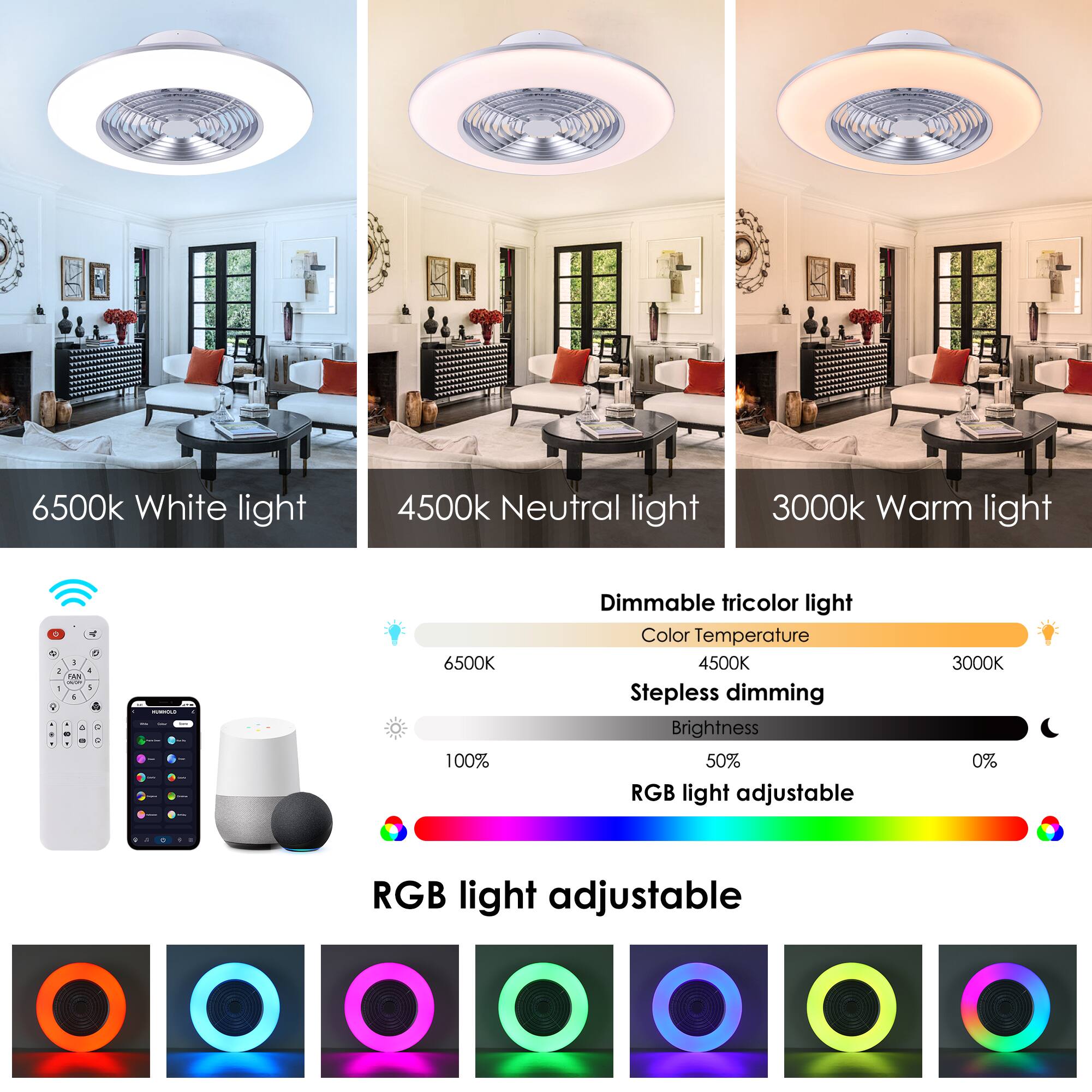 6500k White light  
4500k Neutral light  
3000k Warm light  

- V - - m I 4 ++ - d | 6500K 100% Dimmable tricolor light  
Color Temperature 4500K Stepless dimming Brightness 50% RGB light adjustable 3000K 0% - RGB light adjustable  

Dimmable tricolor light  
Color Temperature  
4500K  
3000K  

Stepless dimming  
Brightness  
50%  
0%  

RGB light adjustable