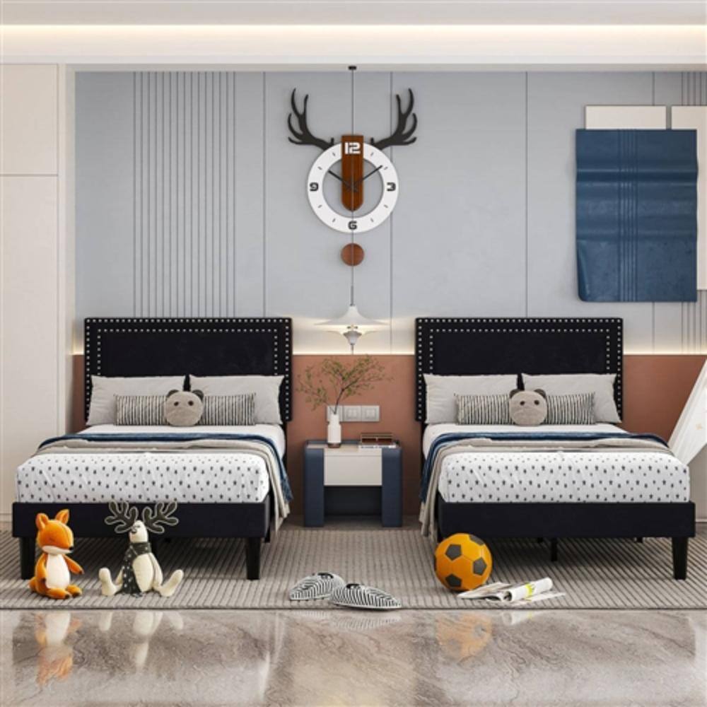 Angle. Hivvago - Set of 2 - Twin Dorm Style Black Tufted Upholstered Platform Bed with Headboard - Black.