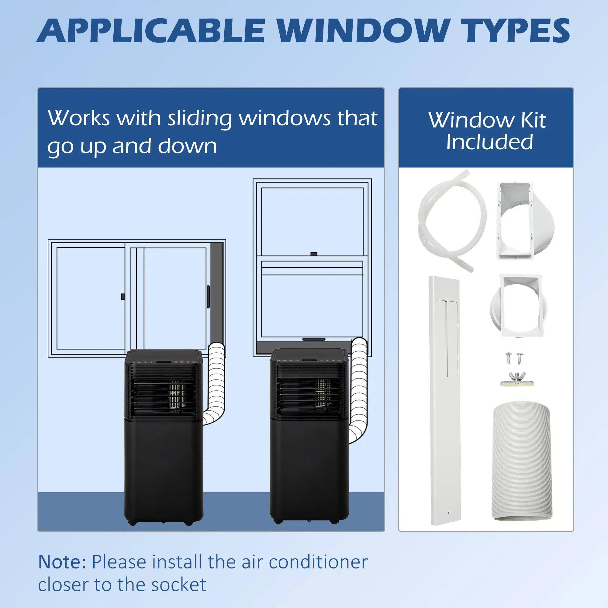 **APPLICABLE WINDOW TYPES**

- Works with sliding windows that go up and down

- Window Kit Included

**Note:** Please install the air conditioner closer to the socket