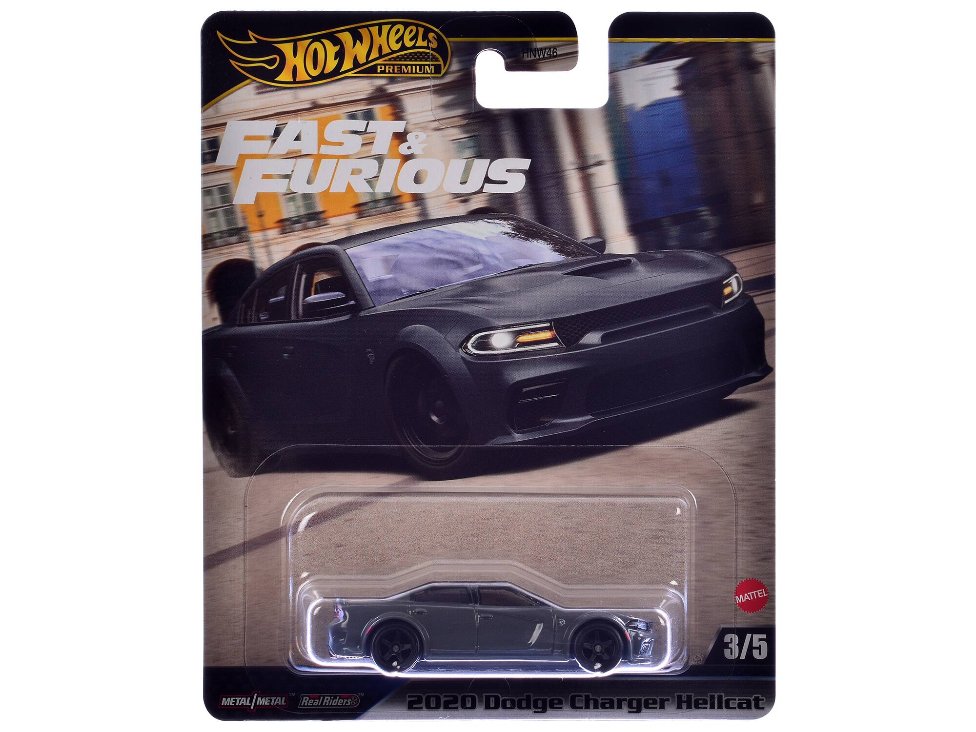 Hot Wheels Premium  
Fast & Furious  
Mattel  
3/5  
Metal/Metal  
Real Riders  
2020 Dodge Charger Hellcat