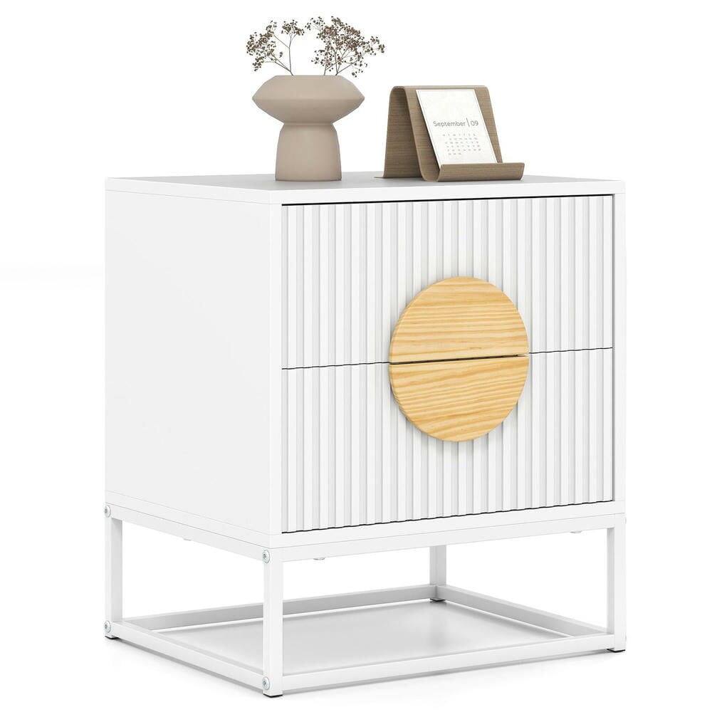 Left. Kadyn - Mid-Century Fluted Nightstand – 2 Drawers + Pine Wood Handles, Stylish Bedroom Essential, White - White.