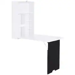 PULUZ - Wall Mounted Foldable Desk with a Blackboard, Fold Out Convertible Floating Desk with Shelves - White and Black