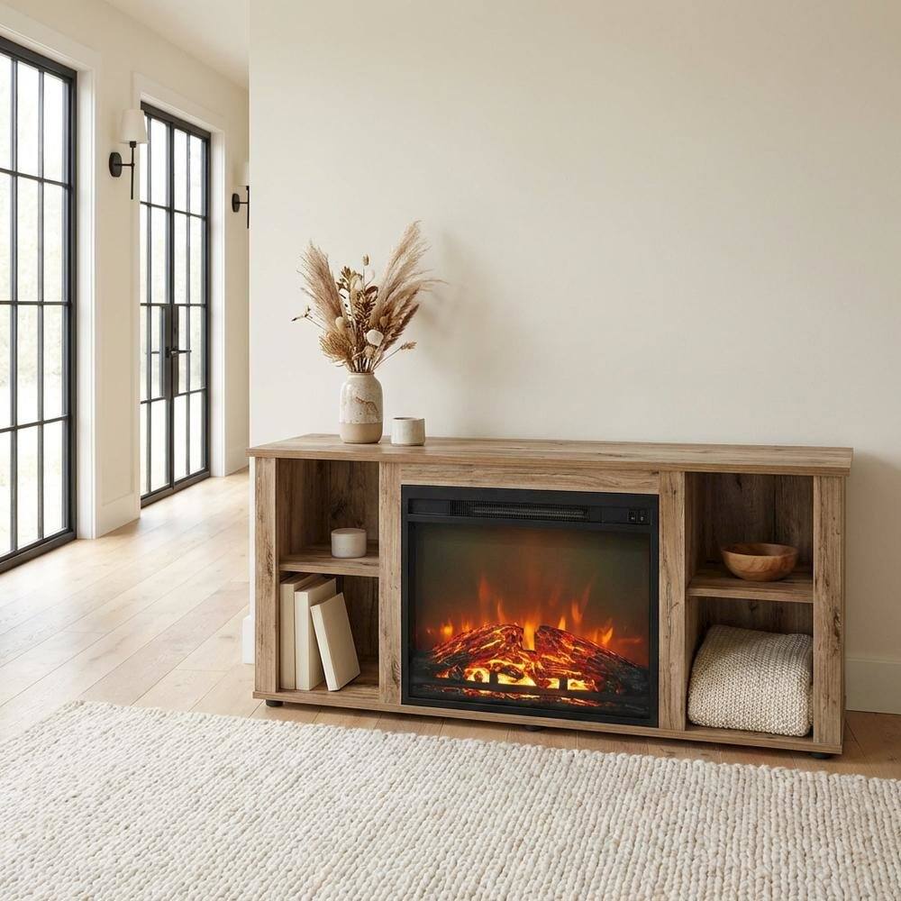Alt View 2. FurniFact - Wood Entertainment Center with Fireplace in Brown finish for Living Room - Brown.