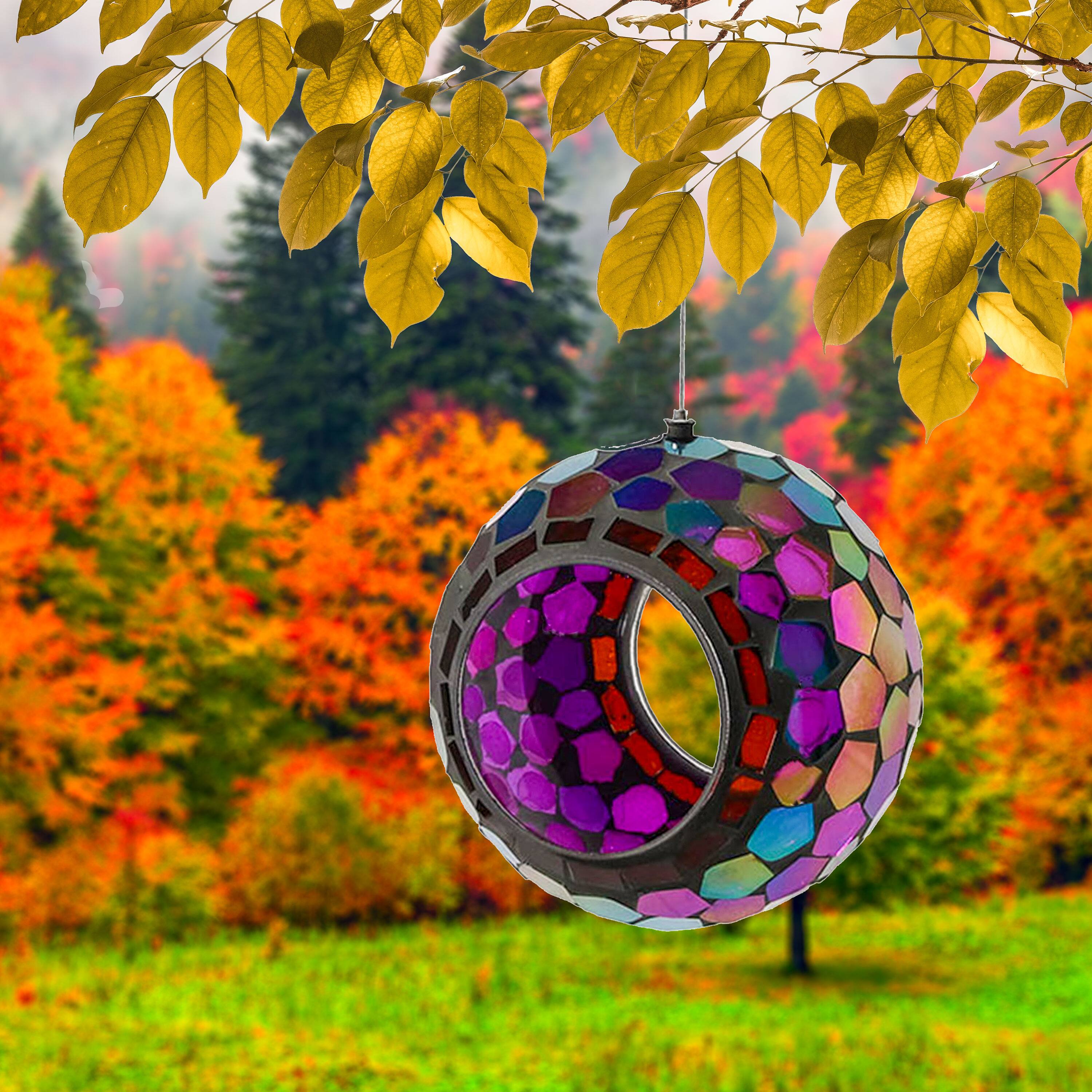 Alt View 9. Sunnydaze - Round Mosaic Fly-Through Hanging Bird Feeder - 6 in - Iridescent Purple Mosaic.