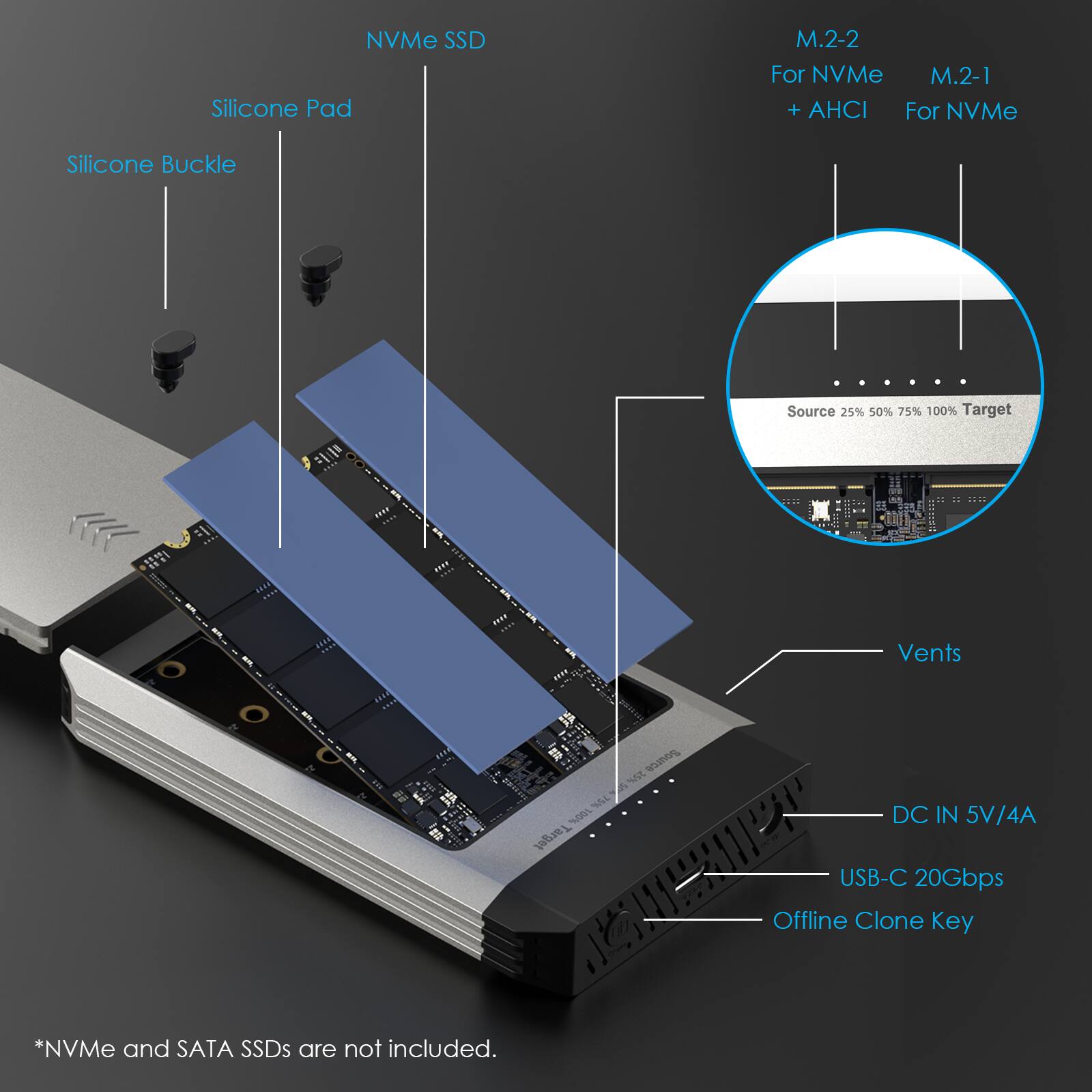 NVMe SSD Silicone Pad  
M.2-2 For NVMe + AHCI  
M.2-1 For NVMe  
Silicone Buckle  
Source 25% 50% 75% 100% Target  
Vents  
DC IN 5V/4A USB-C 20Gbps Offline Clone Key  
*NVMe and SATA SSDs are not included.