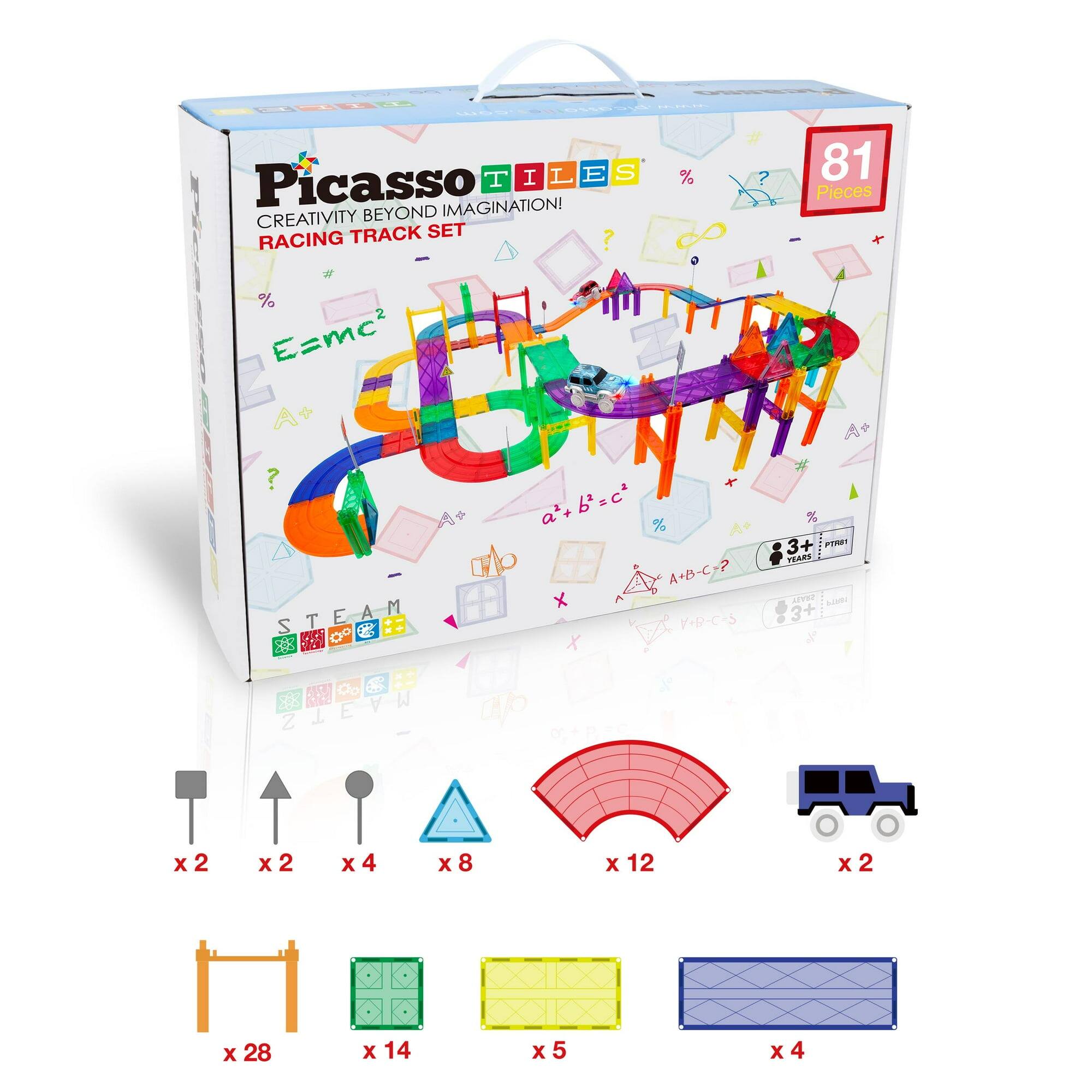 Picasso TILES  
Creativity Beyond Imagination  
Racing Track Set  

81 Pieces  

E=mc²  
A² + b² = c²  
STEAM  

Ages 3+  

x2  
x2  
x4  
x8  
x12  
x2  
x28  
x14  
x5  
x4