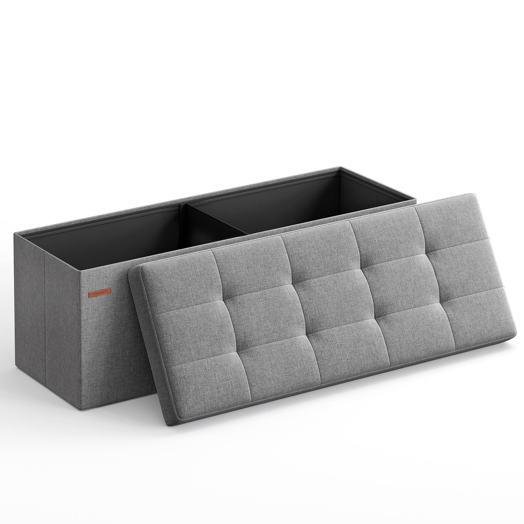Front. Songmics Home - 43 Inches Folding Storage Ottoman Bench, Storage Chest, Foot Rest Stool, Bedroom Bench with Storage - Light Gray.