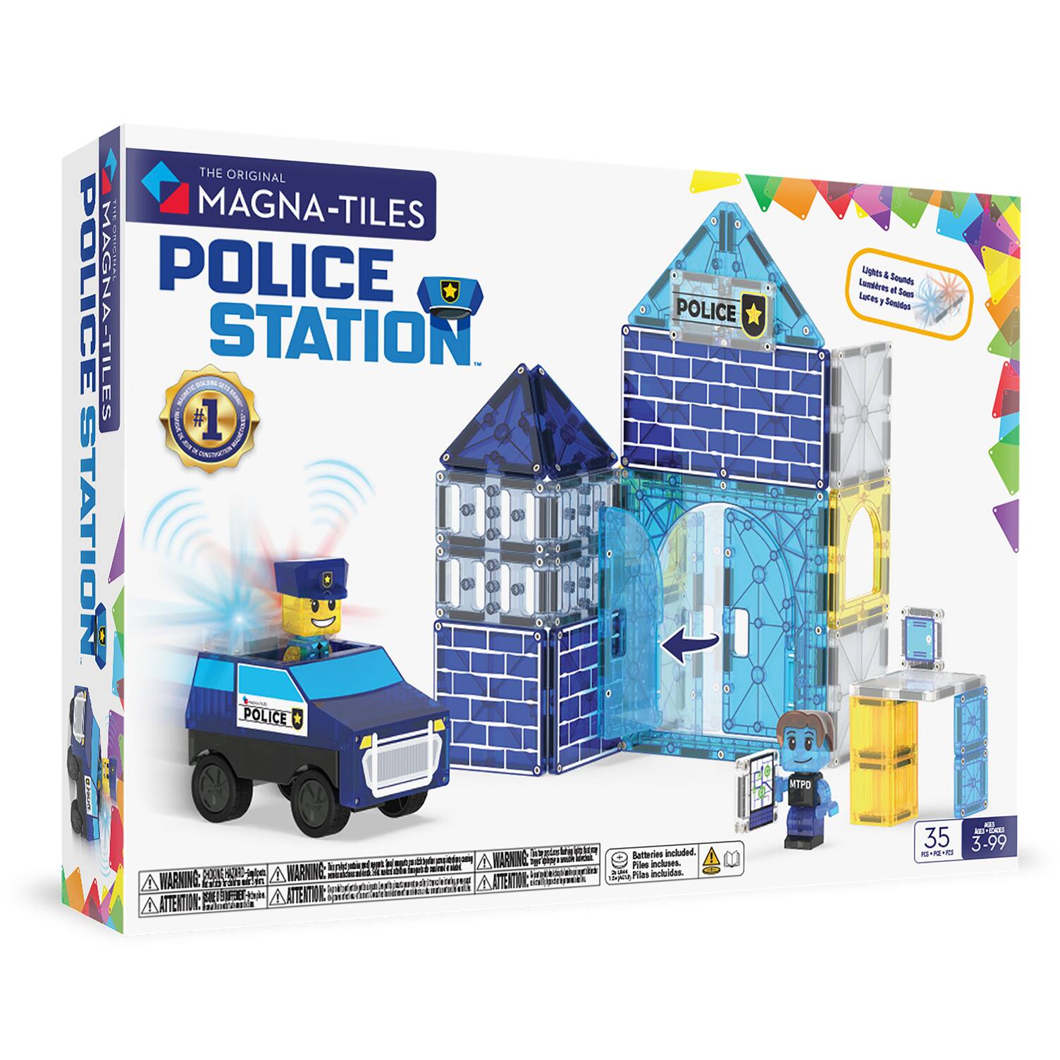 THE ORIGINAL MAGNA-TILES  
POLICE STATION  

#1  
BEST SELLING POLICE SET  

Lights & Sounds  
Luminaires et Sons  
Luzes e Sons  

35 PIECES  
35 PIÈCES  
35 PIEZAS  

$39.99  

BATTERIES INCLUDED  
Piles incluses  
Baterías incluidas  

WARNING: CHOKING HAZARD - Small parts. Not for children under 3 years.  
ATTENTION: PELIGRO DE AHOGO - Piezas pequeñas. No apto para menores de 3 años.  
ATTENTION: RISQUE DE NOYADE - Petits éléments. Ne convient pas aux enfants de moins de 3 ans.