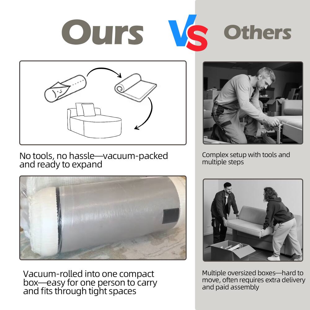 **Ours VS Others**

- **Ours:**
  - No tools, no hassle—vacuum-packed and ready to expand
  - Vacuum-rolled into one compact box—easy for one person to carry and fits through tight spaces

- **Others:**
  - Complex setup with tools and multiple steps
  - Multiple oversized boxes—hard to move, often requires extra delivery and paid assembly