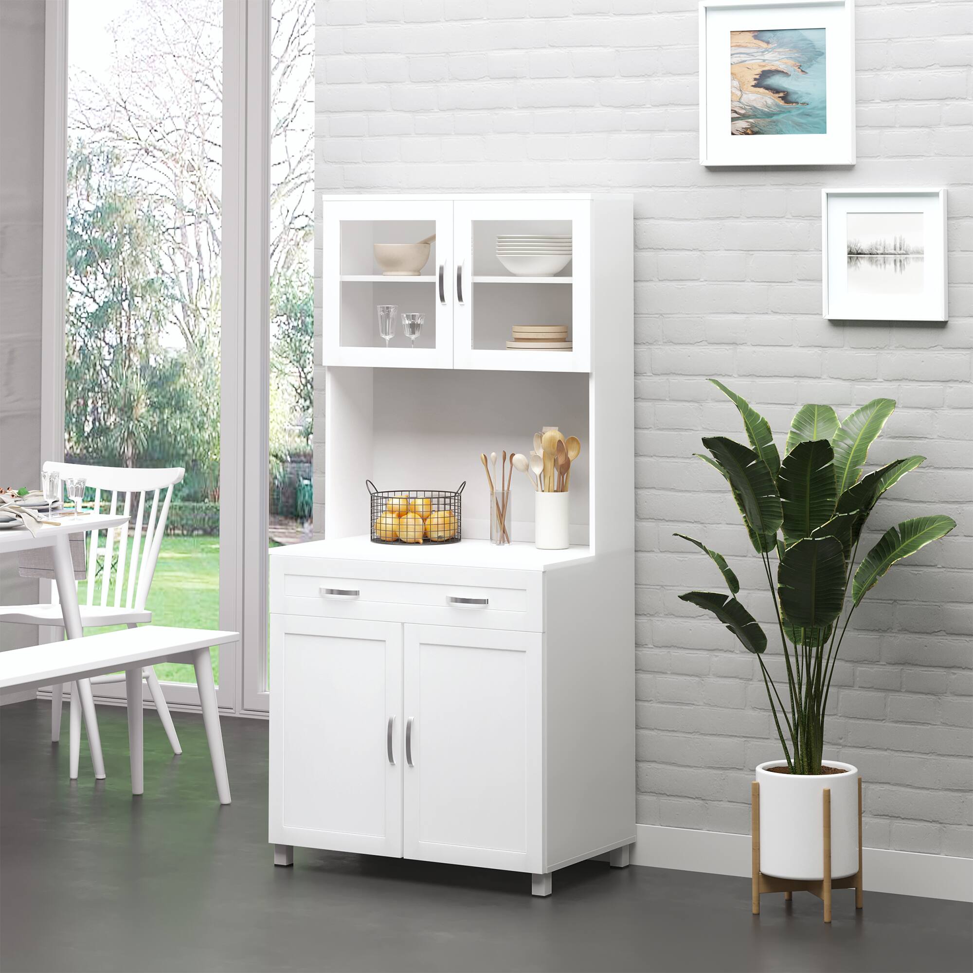 Alt View 1. Homcom - 67" Pantry Cabinet, Modern Kitchen Hutch, Freestanding Storage Cabinet with Glass Doors, Adjustable Shelves and Drawers - White.