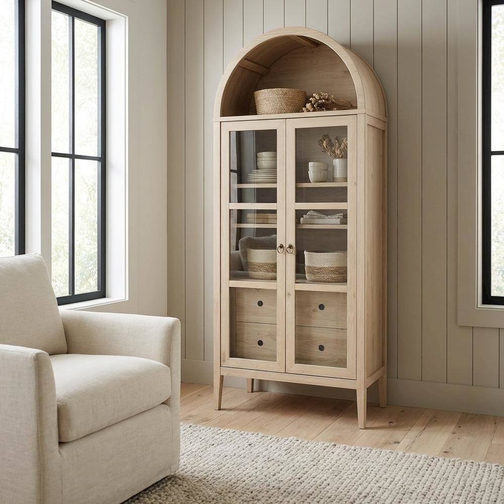 Left. FurniFact - Tall Arched Storage Cabinet In Rustic Finish With Versatile Display And Storage - Light Oak.