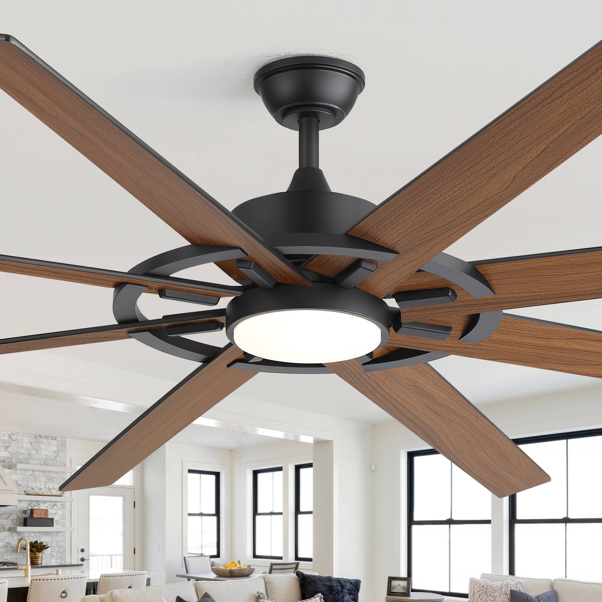 Angle. Breezary - 72-Inch Ceiling Fan with LED Light, 8 Plywood Blades, 6-Speed Remote, Timer, Tri-Color Dimmable Light, Dual Downrods - 72-Inch Black.