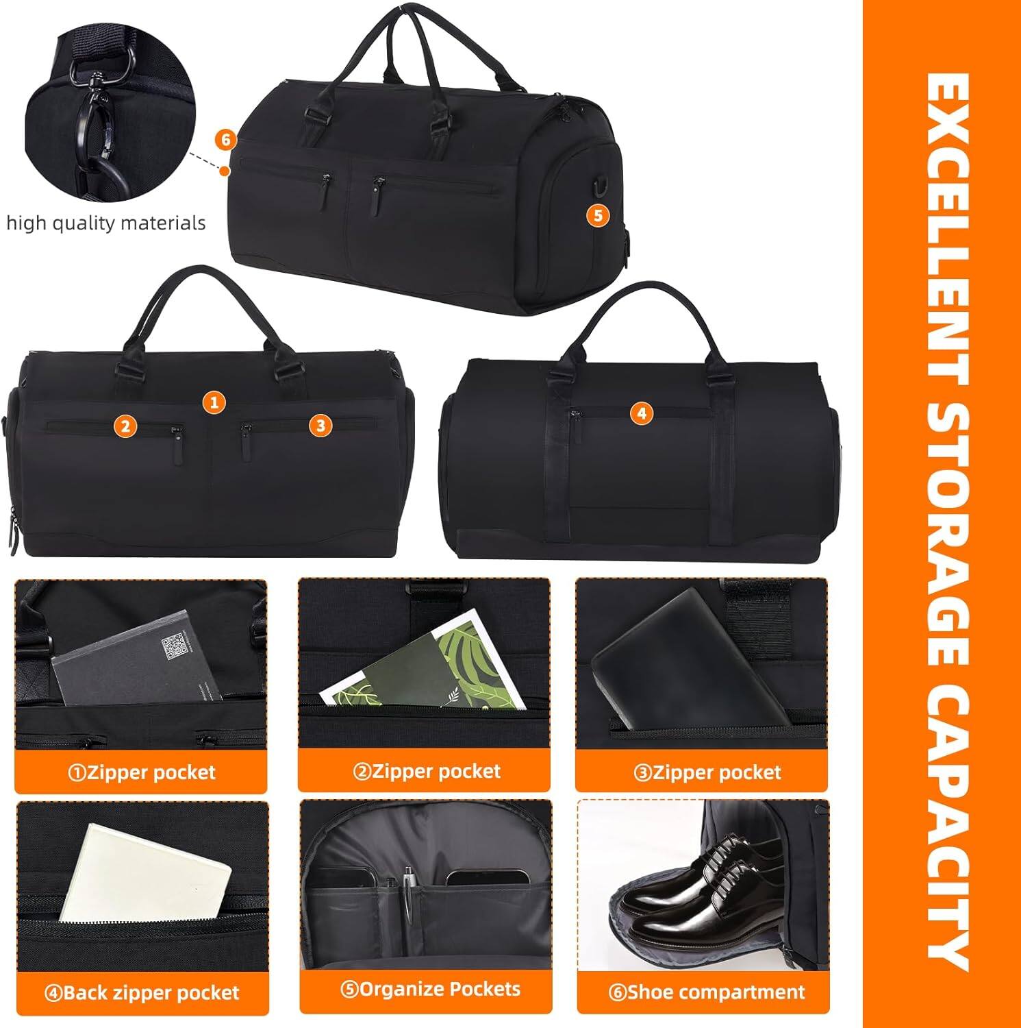 - 6 high quality materials
- 1 Zipper pocket
- 2 Zipper pocket
- 3 Zipper pocket
- 4 Back zipper pocket
- 5 Organize pockets
- 6 Shoe compartment
- EXCELLENT STORAGE CAPACITY