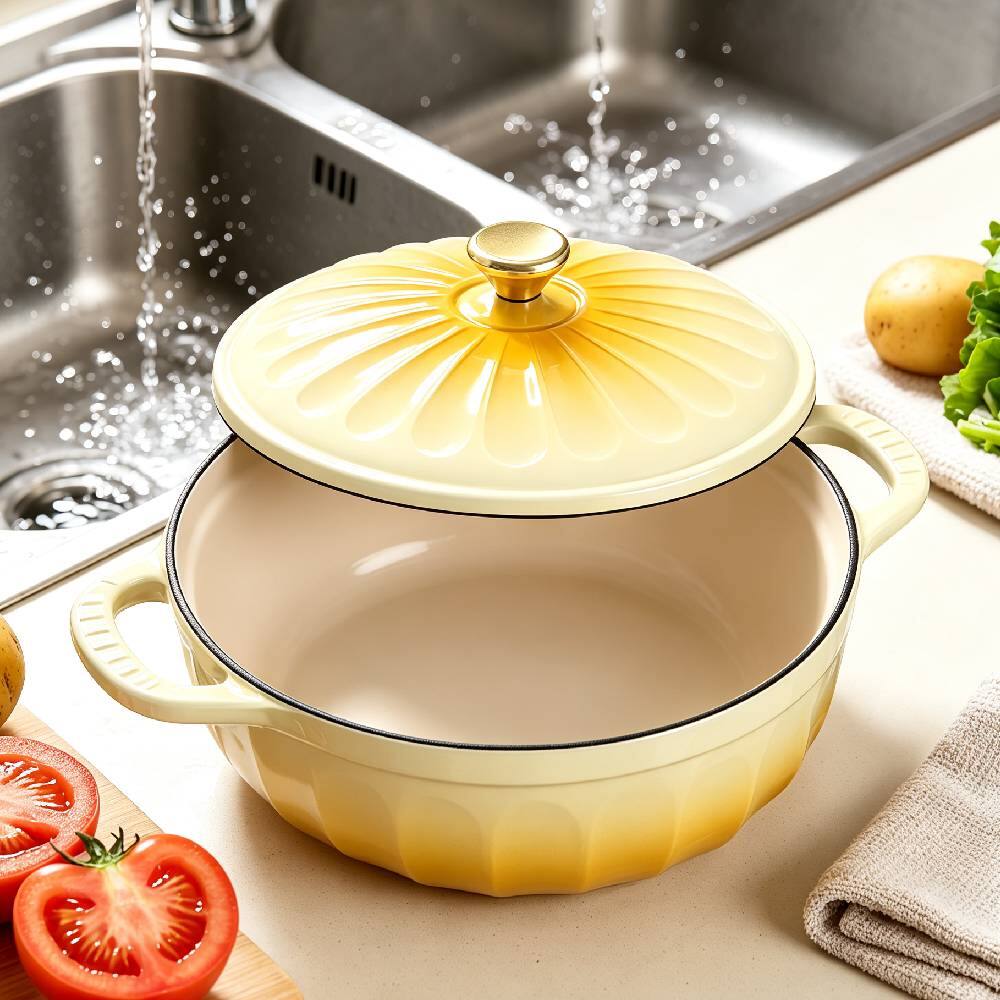 Alt View 8. Winado - 5 QT Enameled Cast Iron Dutch Oven with Gradient Petal Texture,Heat-Resistant Gloves, Pot Mat for Bread Baking, Roasting - Yellow.