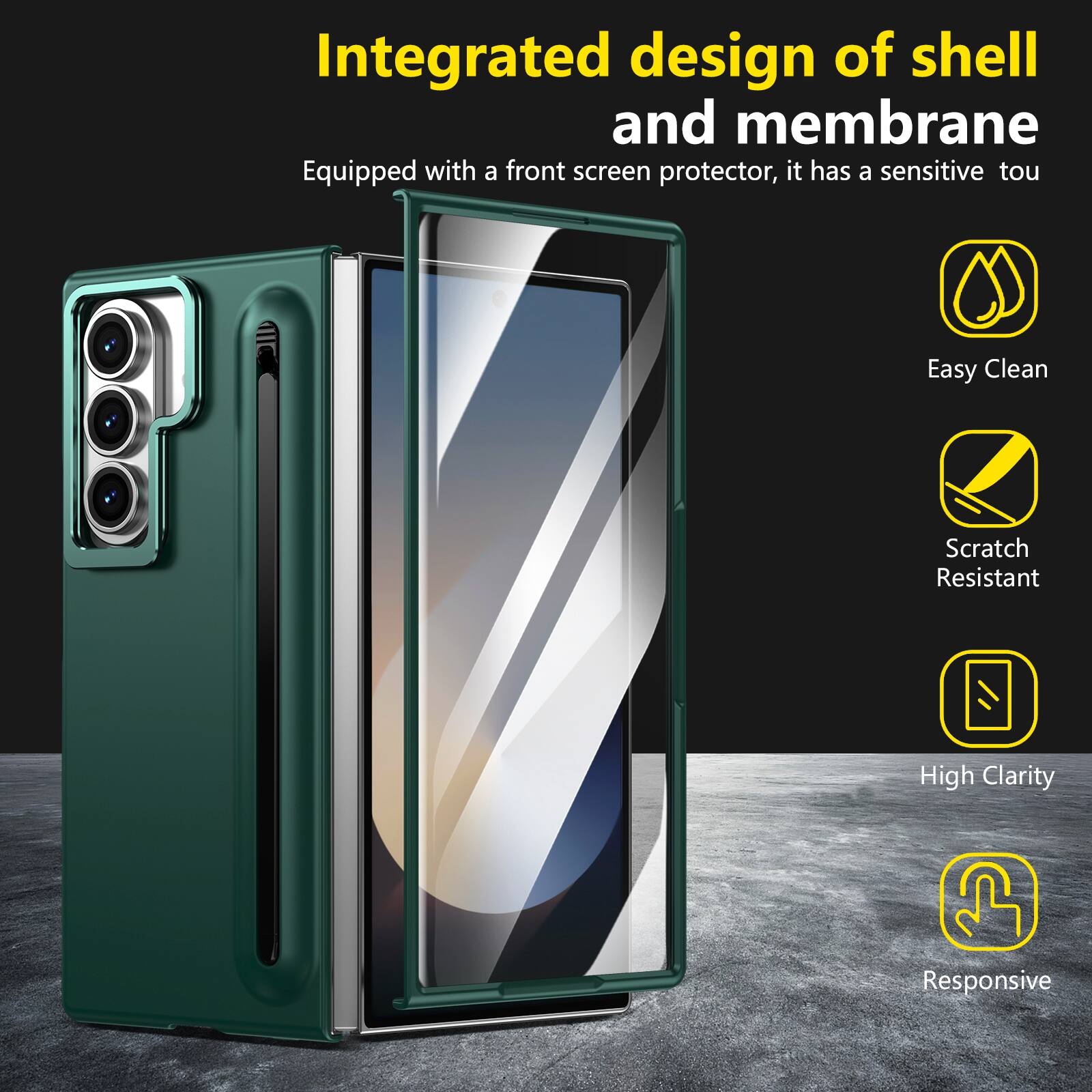Integrated design of shell and membrane  
Equipped with a front screen protector, it has a sensitive touch  
Easy Clean  
Scratch Resistant  
High Clarity  
Responsive