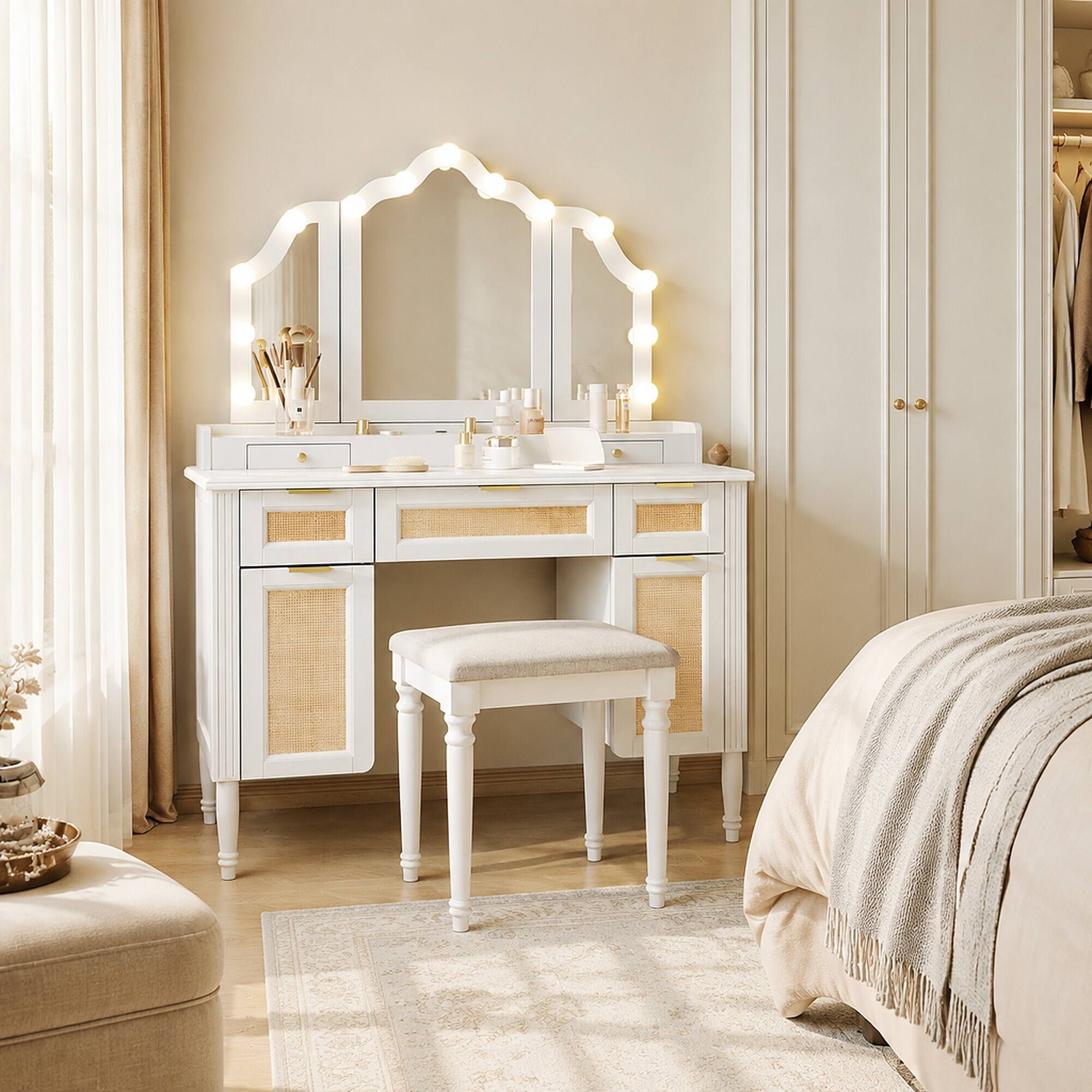 Angle. RYHNUYNE - 44.37 in Makeup Vanity Desk Set 3 Lighting Modes, Tri-Fold Mirror, Cushioned Stool, White - White.